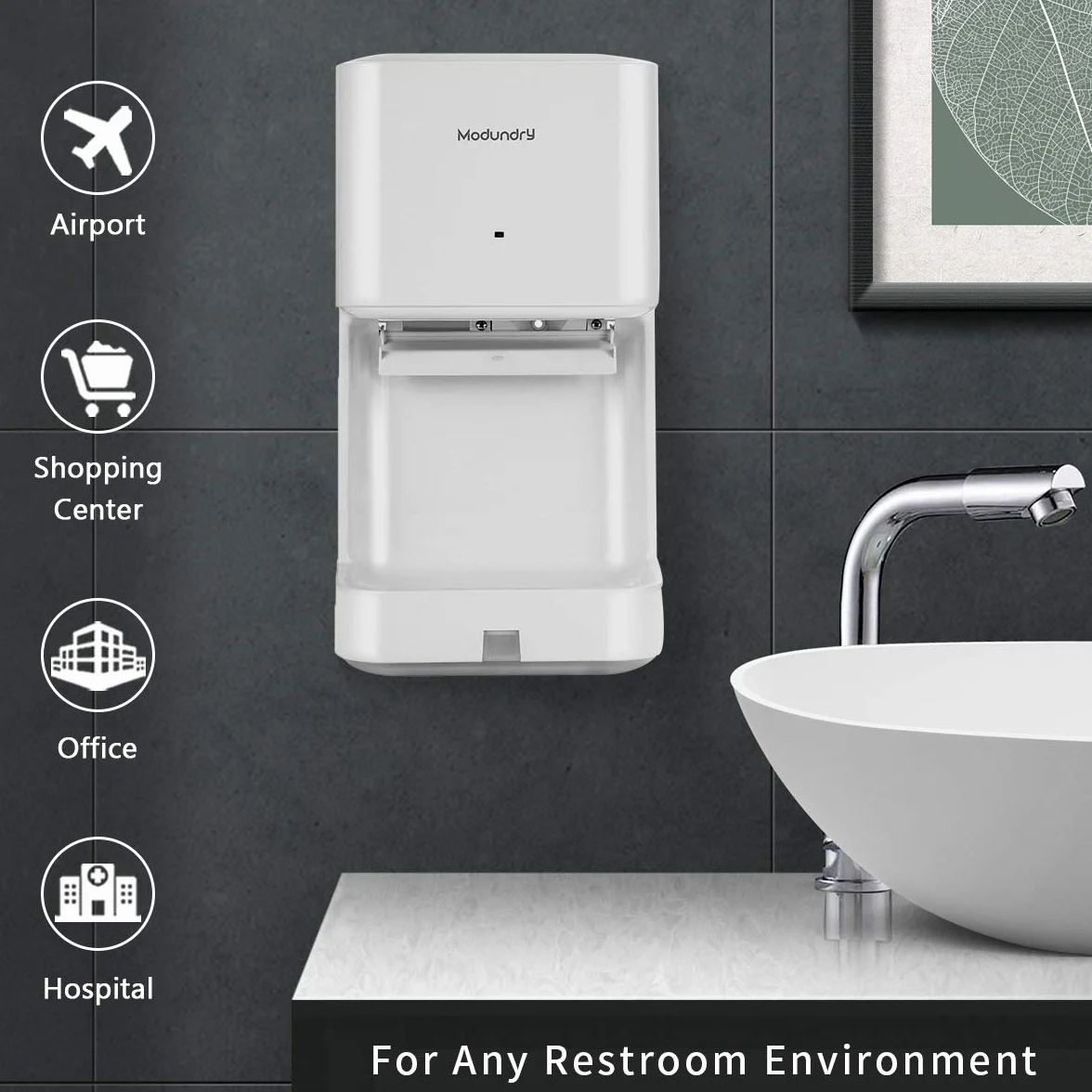 Automatique Sèche-Mains Électrique Haute Vitesse avec bac Anti-Goutte, Commercial et Ménage, Blanc