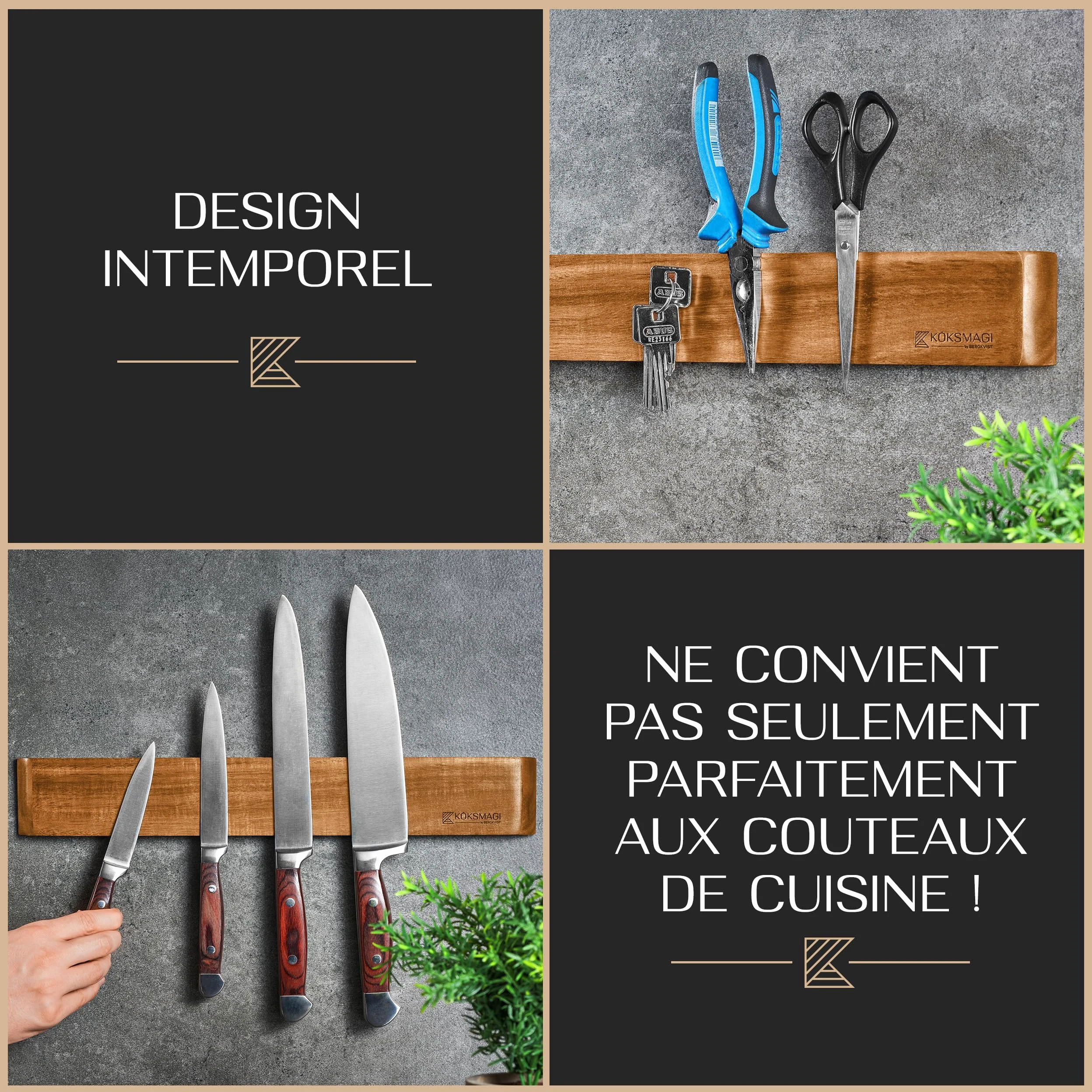 Barre magnetique pour couteaux OSKAR (50 cm) - porte couteaux en bois avec aimant extrêmement puissant pour couteaux lourds - avec accessoires pour coller & percer