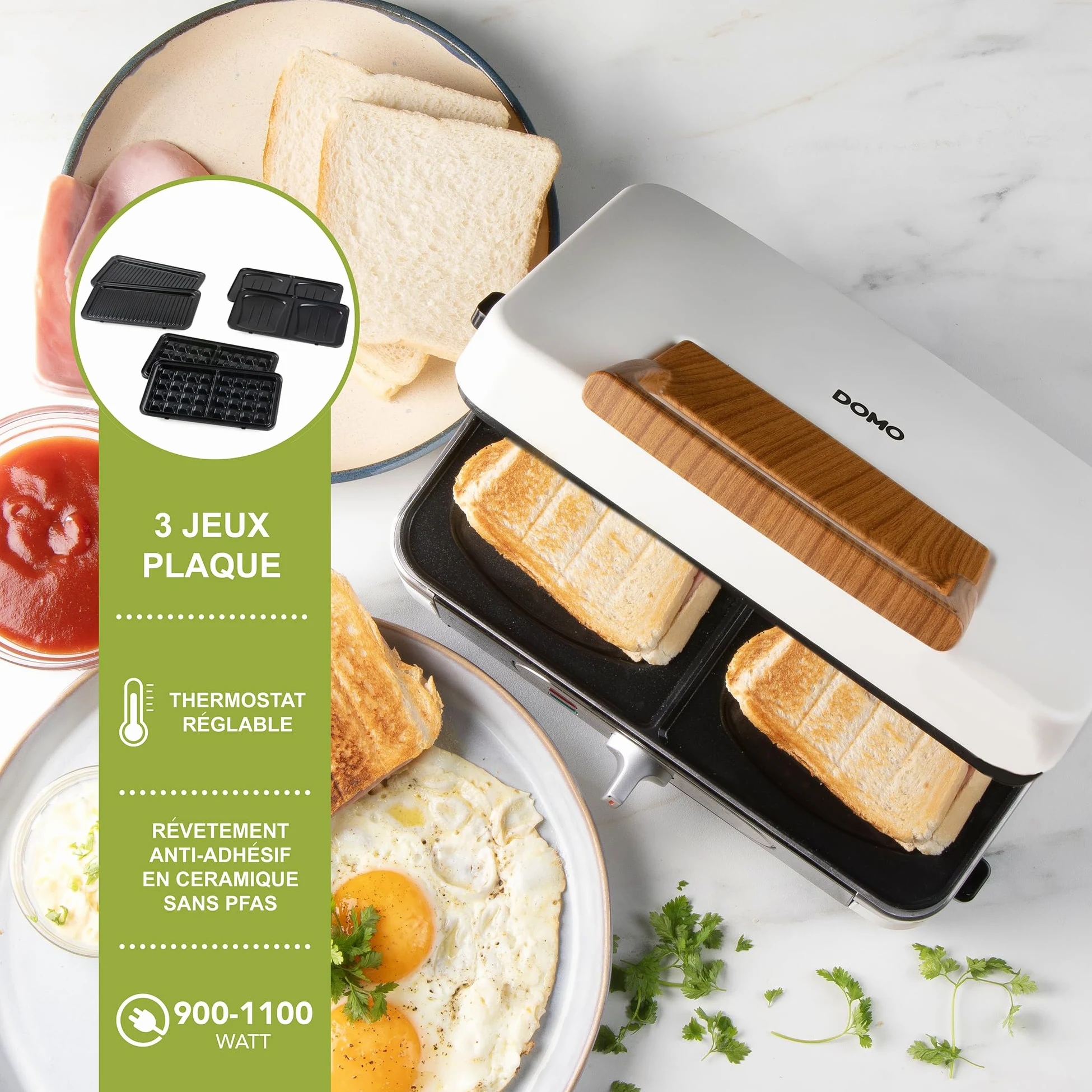DOMO DO9277C Snackmaker 3 en 1 - Design de luxe en bois - PFAS FREE - Croque-Monsieur, Gaufrier et Gril - Pieds Anti dérapants - Plaques de cuisson interchangeables - 1100W - Blanc Poudré