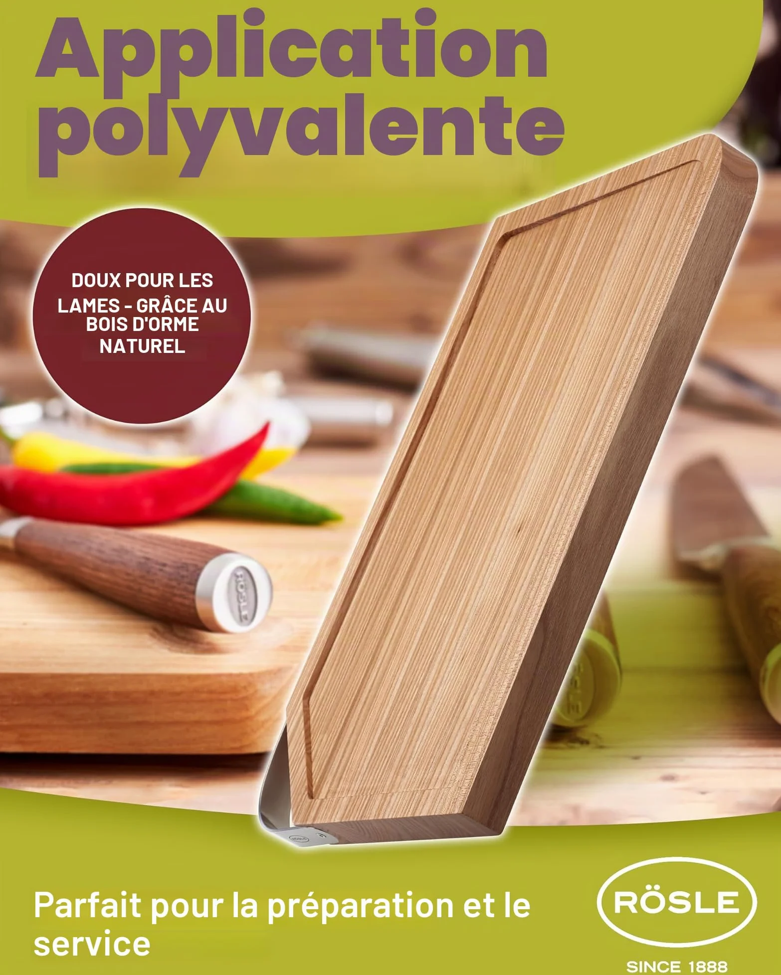 RÖSLE Planche à découper, support de découpe de haute qualité pour la cuisine pour une utilisation universelle, planche à servir, bois d'orme, acier inoxydable 18/10, 36 x 24 cm