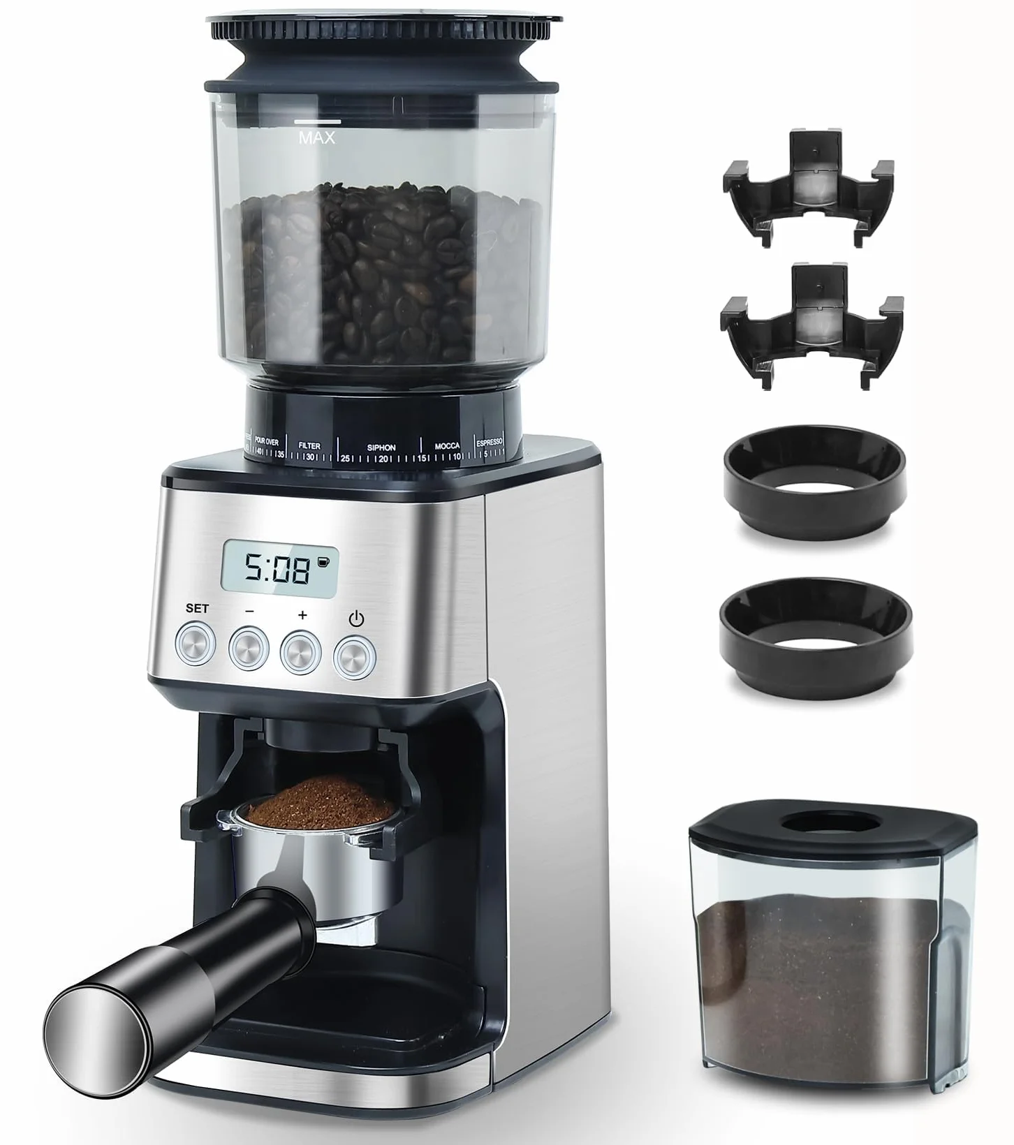 Homtone Moulin à Café Électrique, 51 Niveaux de Mouture Réglables, Broyeur à Meule Conique en Acier Inoxydable, Antistatique, pour Espresso, Café Filtré, French Press, 160 W (Argent)