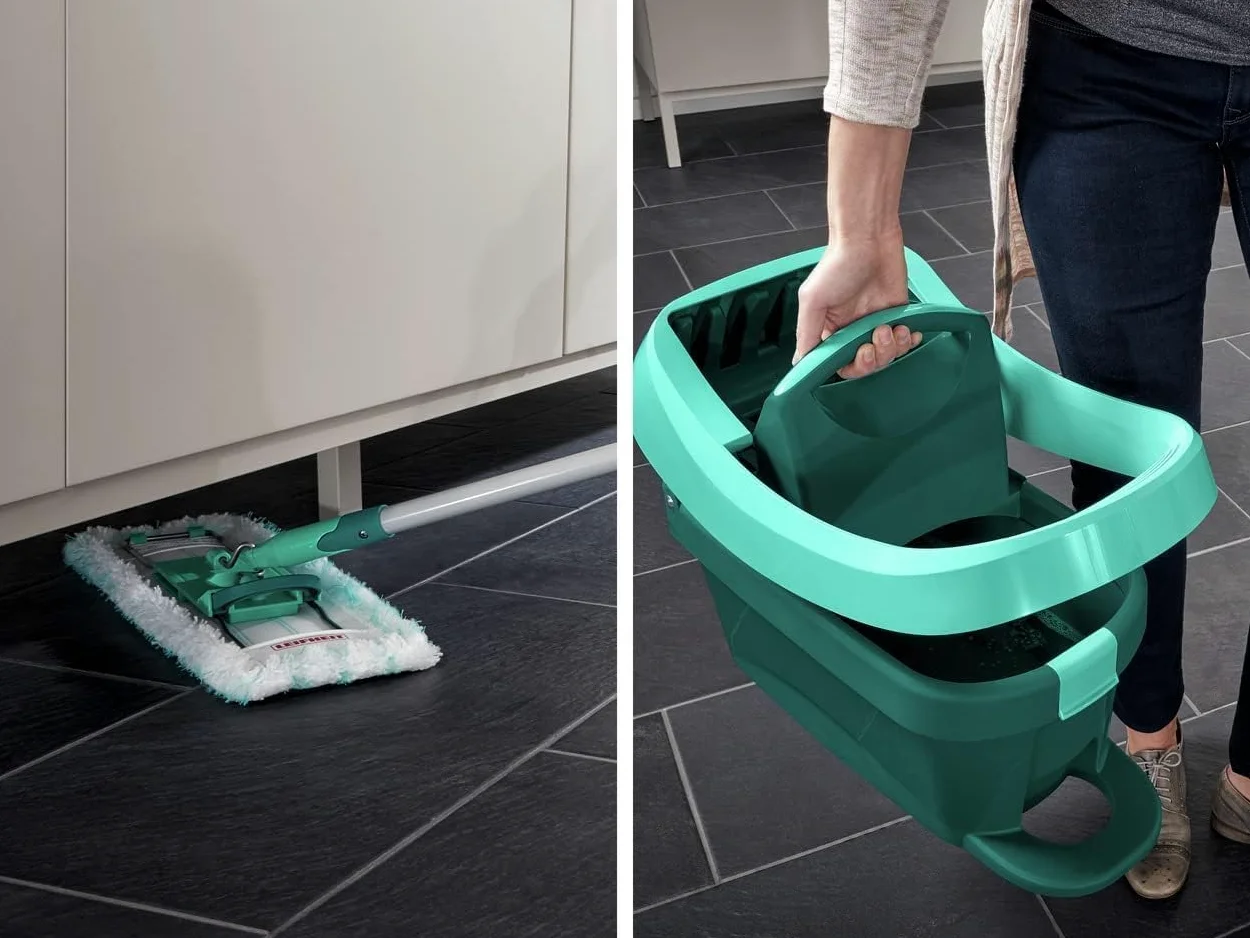 Leifheit Kit Profi XL Essore-housse avec Roulettes et Lave-Sol, housse de rechange incluse, seau et balais-serpillère simples à utiliser avec mécanisme d'essorage intégré