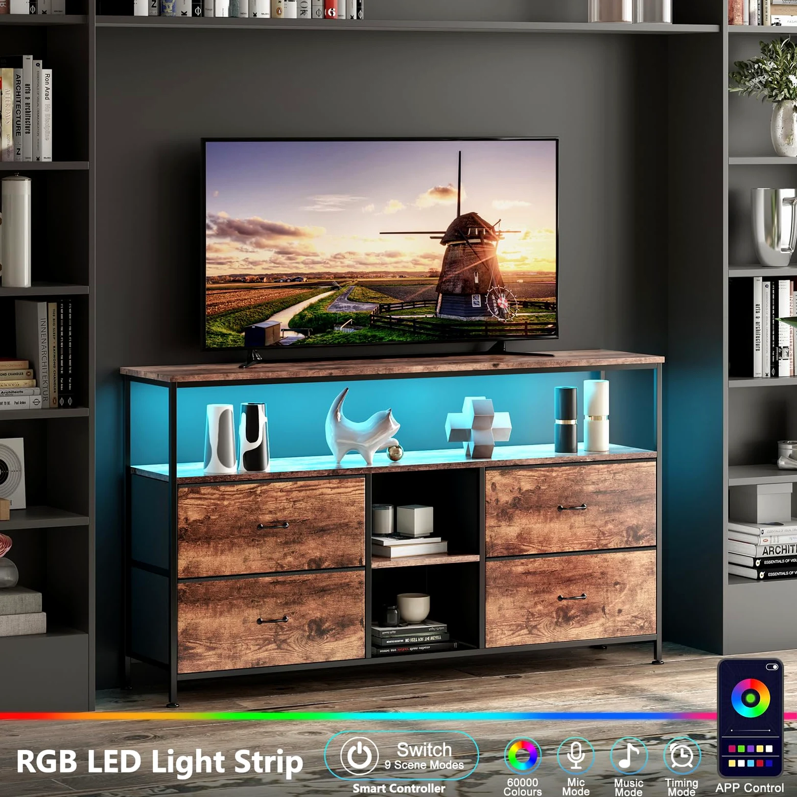 BestAlice Meuble TV Vintage avec éclairage LED, casier avec 4 tiroirs et 3 étagères, Cadre en Fer et Meuble TV à Panneaux de Particules, Pieds réglables en Hauteur(108cm-B)