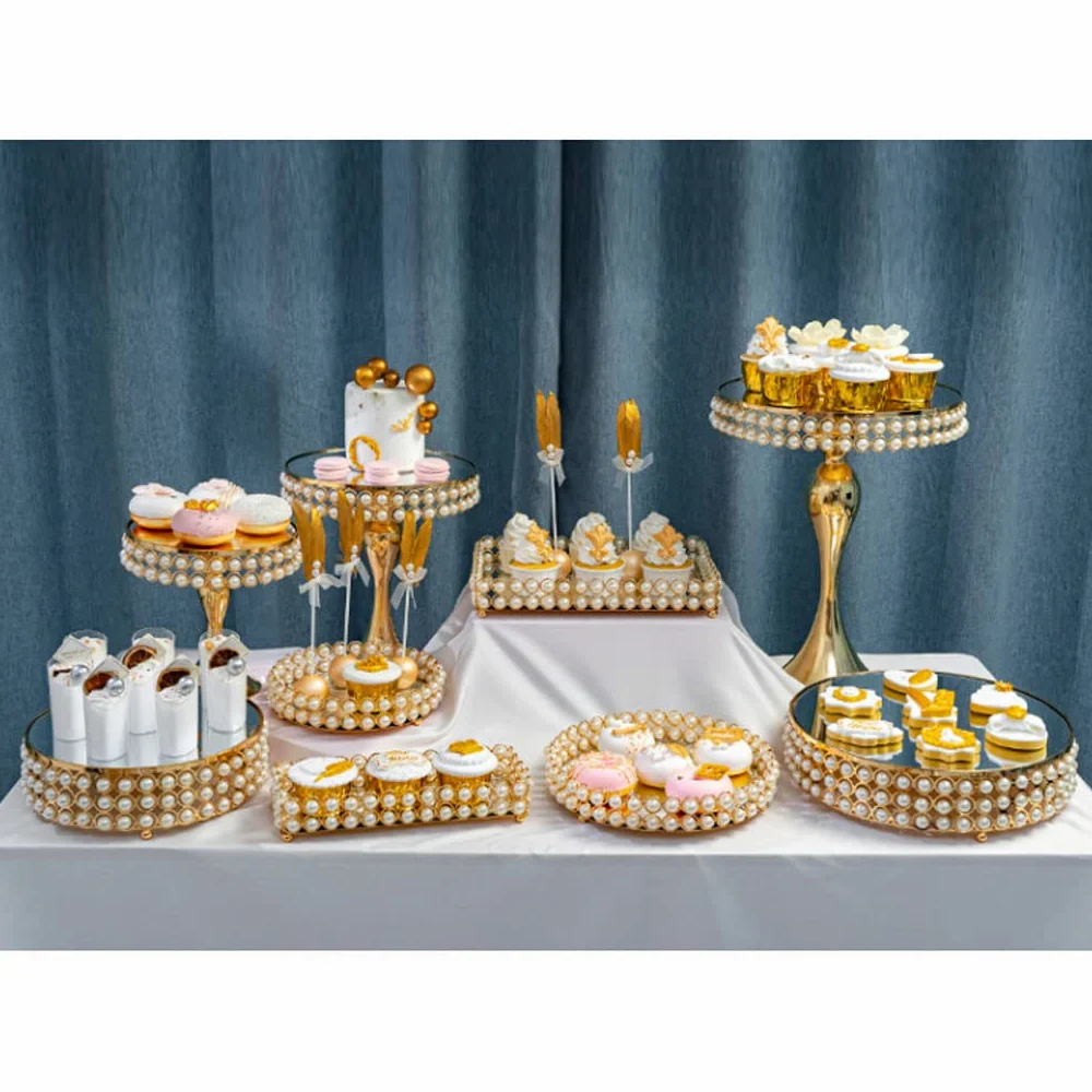 Desserts Support à gâteau Romain Support à gâteau décoratif en métal avec Dessus en Verre perlé Rond Biscuits dorés Cupcake Dessert Support pour Affichage de collation de Fruits Fruits
