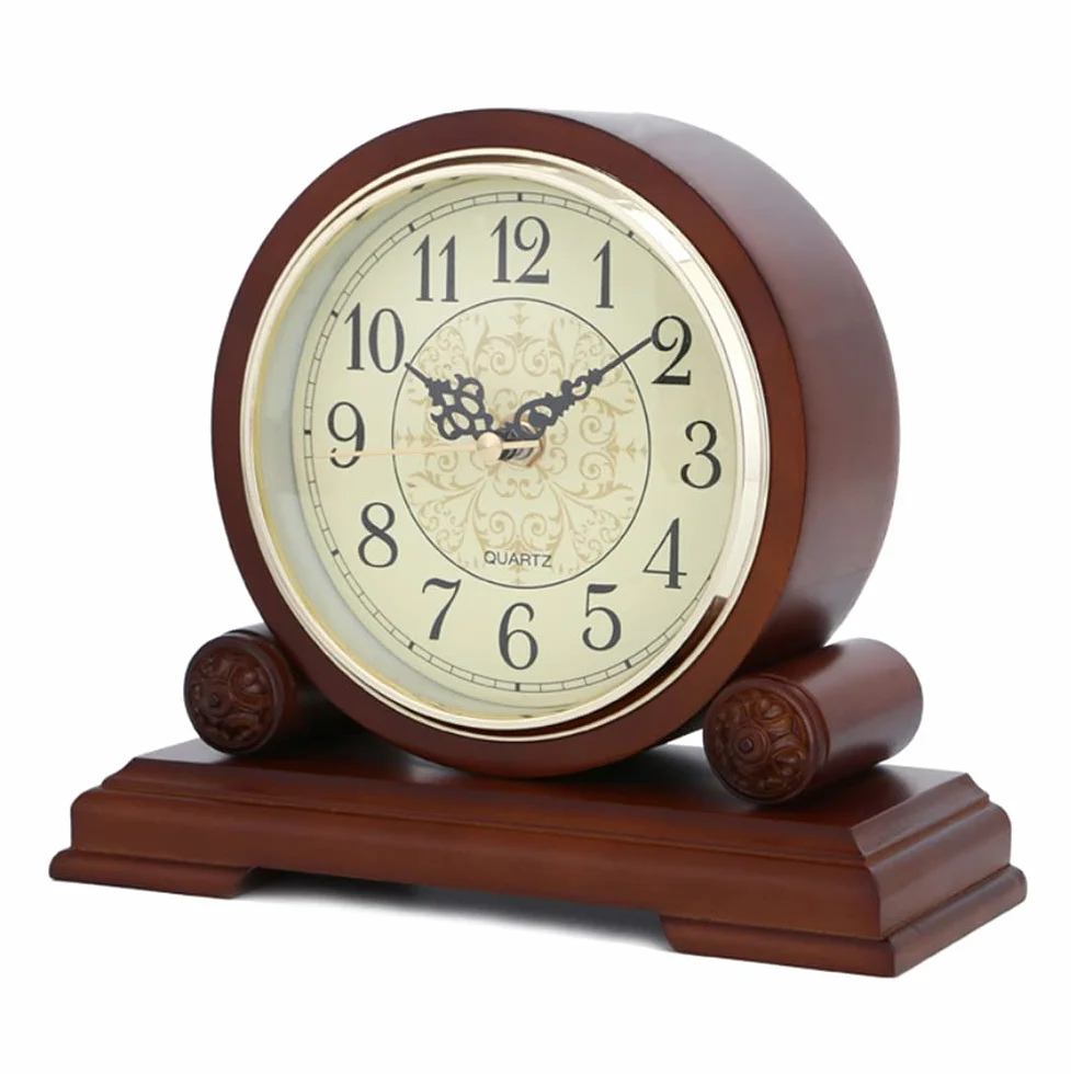 Horloge de Bureau en Bois Massif, Horloge de cheminée avec Surface en Bronze et Chiffres, Horloge à Quartz silencieuse, Horloge de cheminée 23cm Long Brown