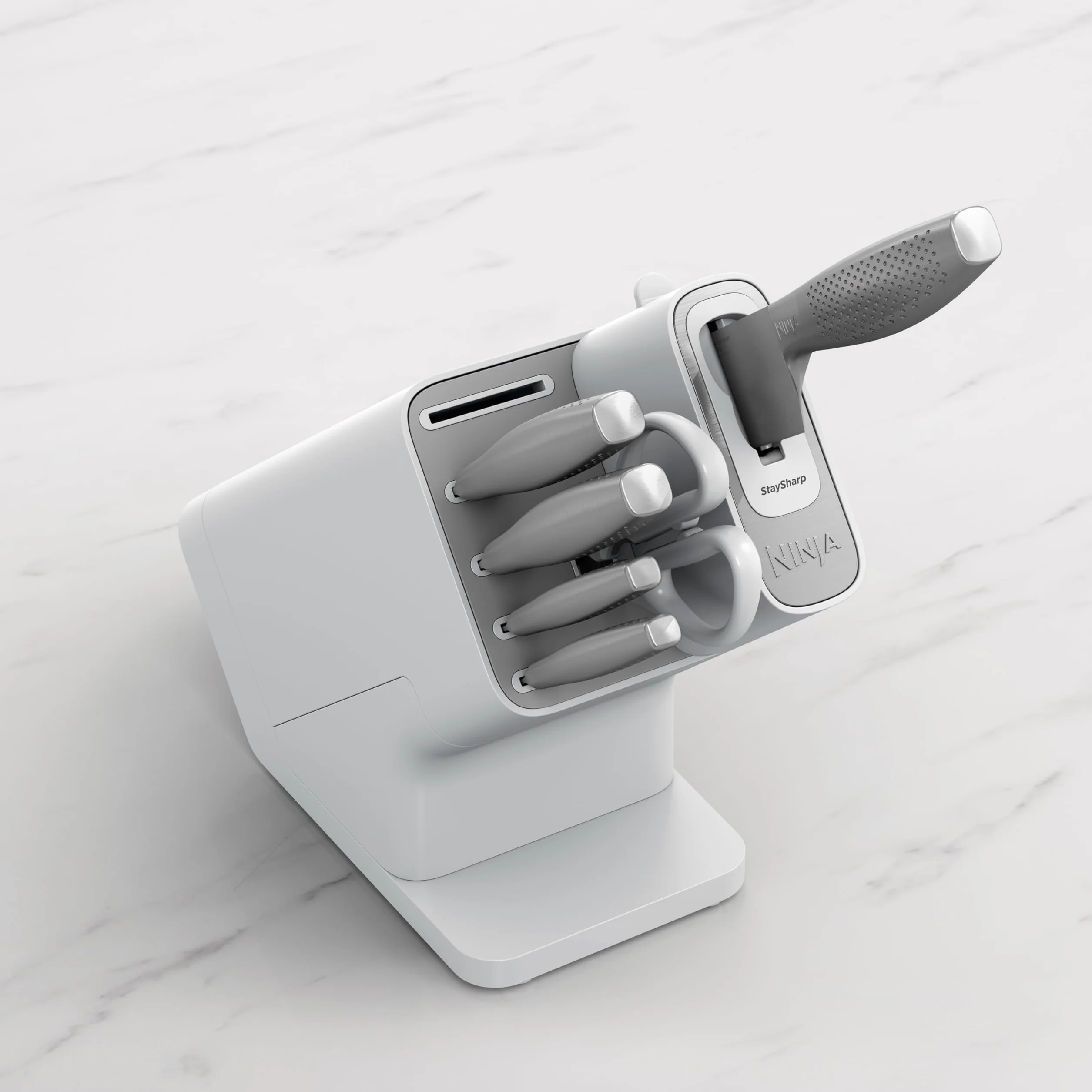 Ninja StaySharp Ensemble de couteaux 6 pièces en acier inoxydable avec aiguiseur intégré, ciseaux de cuisine et couteaux de chef, à trancher, à pain, tout usage et d'office, blanc, K62006EUWH