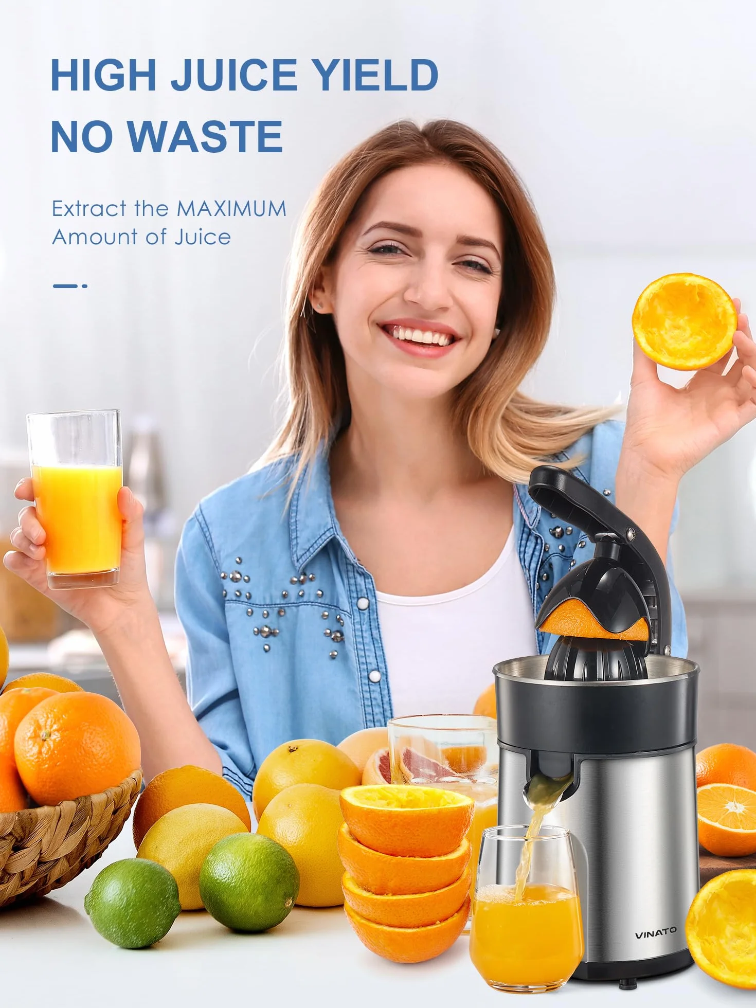 Vinato Presse agrumes électrique, presse-orange électrique avec 2 cônes interchangeables, lavable au lave-vaisselle, sans BPA, Presse agrumes électrique pour orange, citron et pamplemousse