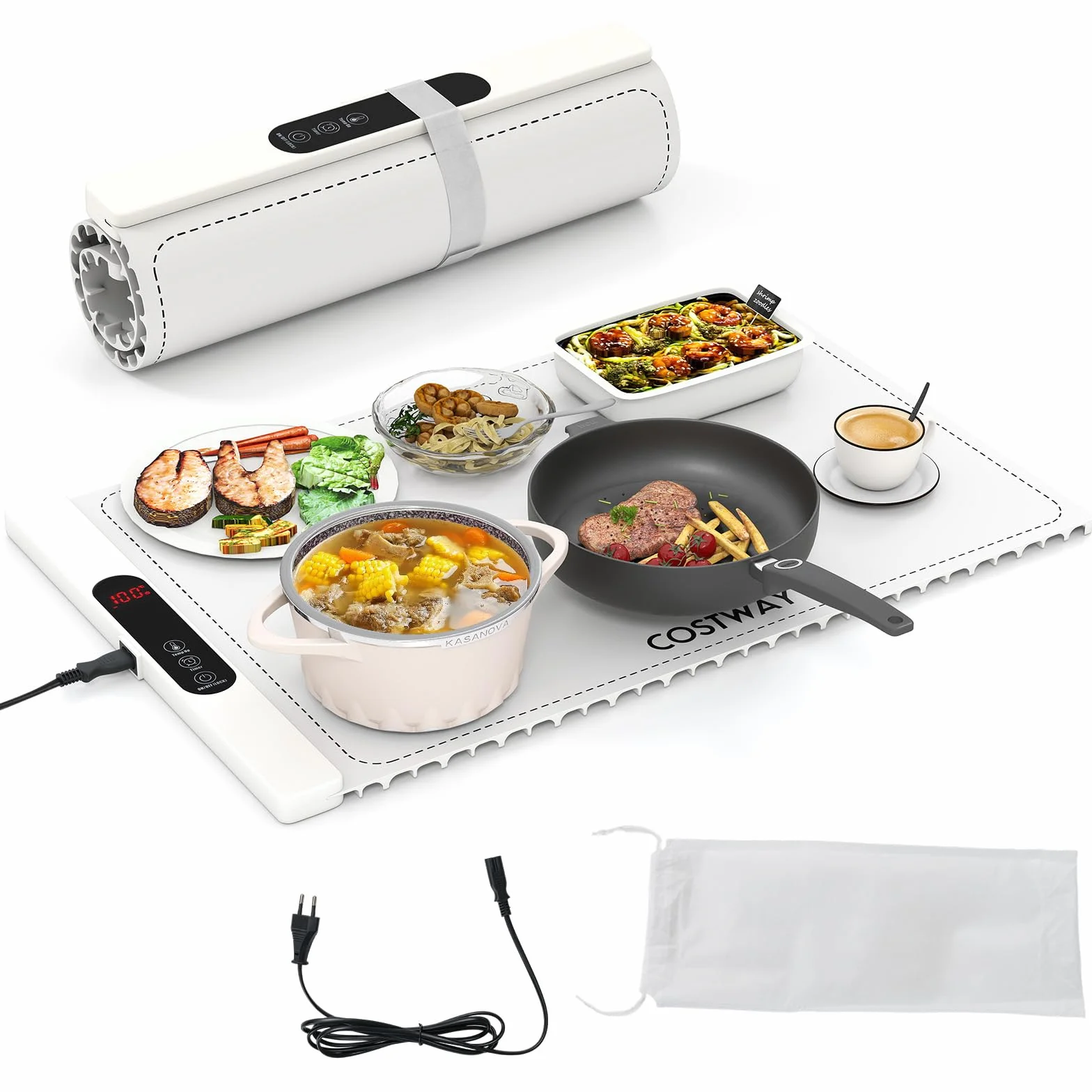 COSTWAY Chauffe Plat Électrique Pliable pour Aliments, Tapis Chauffant avec Température et Minuterie Réglables, Plateau Chauffant en Silicone Enroulable, Contrôle Tactile, pour Fêtes, Buffets (Blanc)