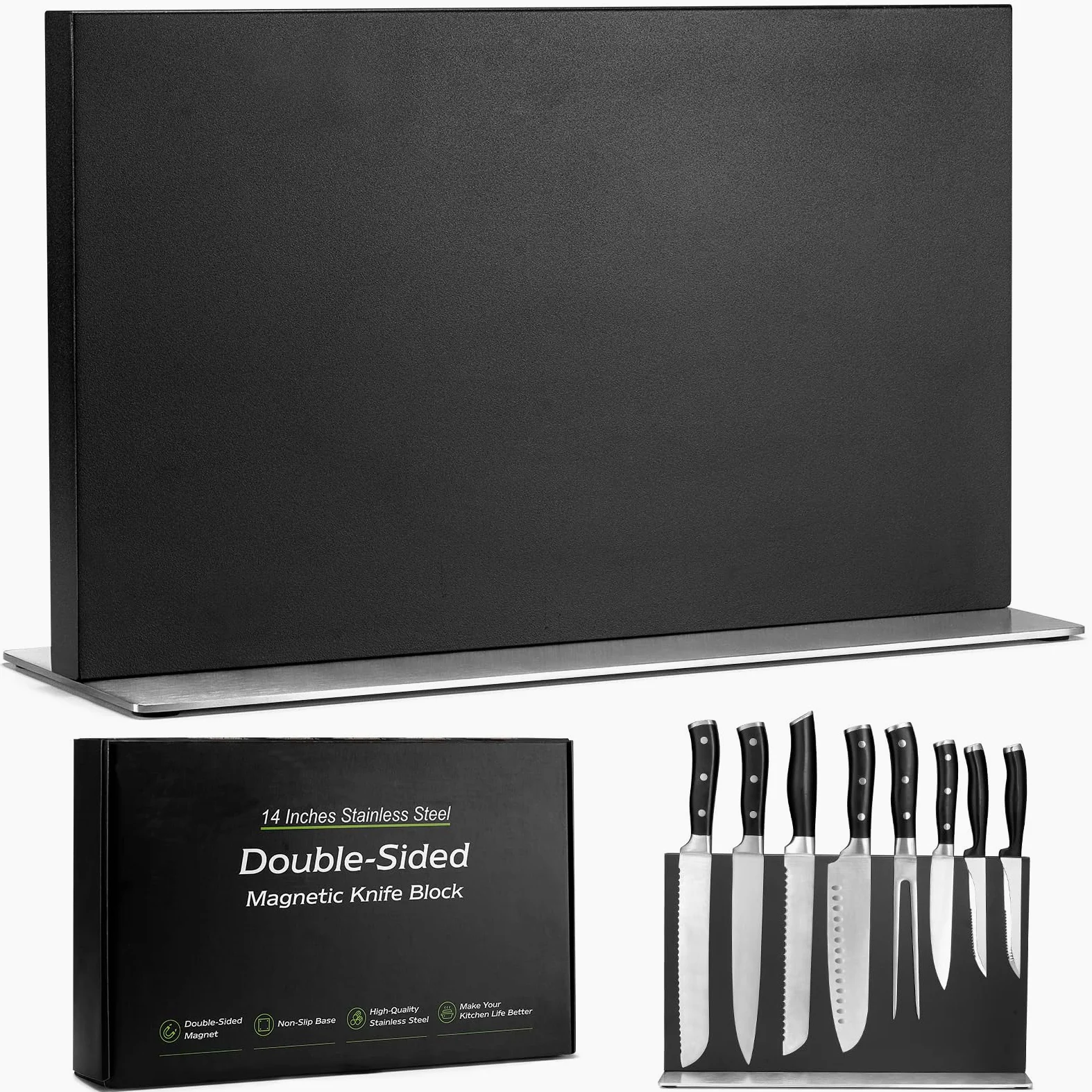 ENOKING Grand Porte Couteaux Aimanté, Double Face Bloc Support Couteaux Aimanté, Porte Couteau Aimanté en Acier Inoxydable, Range Couteaux de Cuisine sûr et peu Encombrant（35cm,Noir）