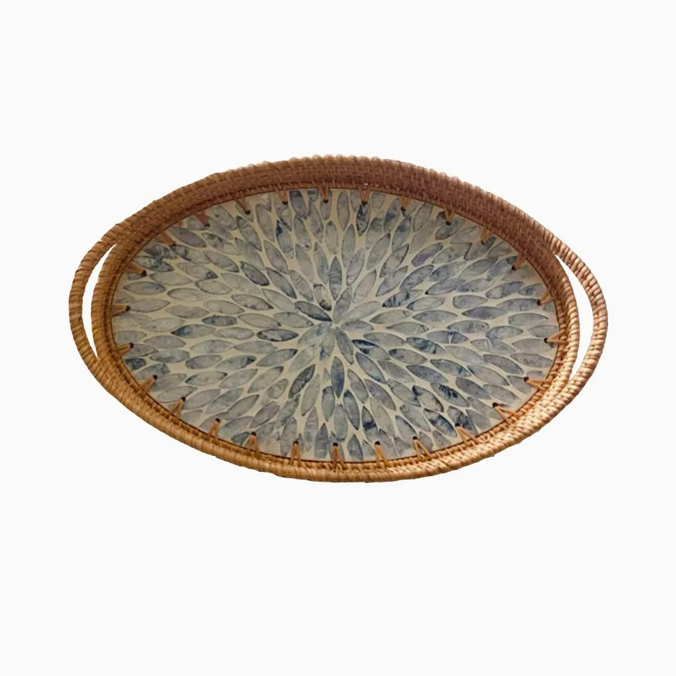 Plateau de Coquille de rotin Ovale, Plateau Nacre incrusté orné, Panier de Service décoratif Bol à Pain pour Table Basse décoration intérieure,A/s