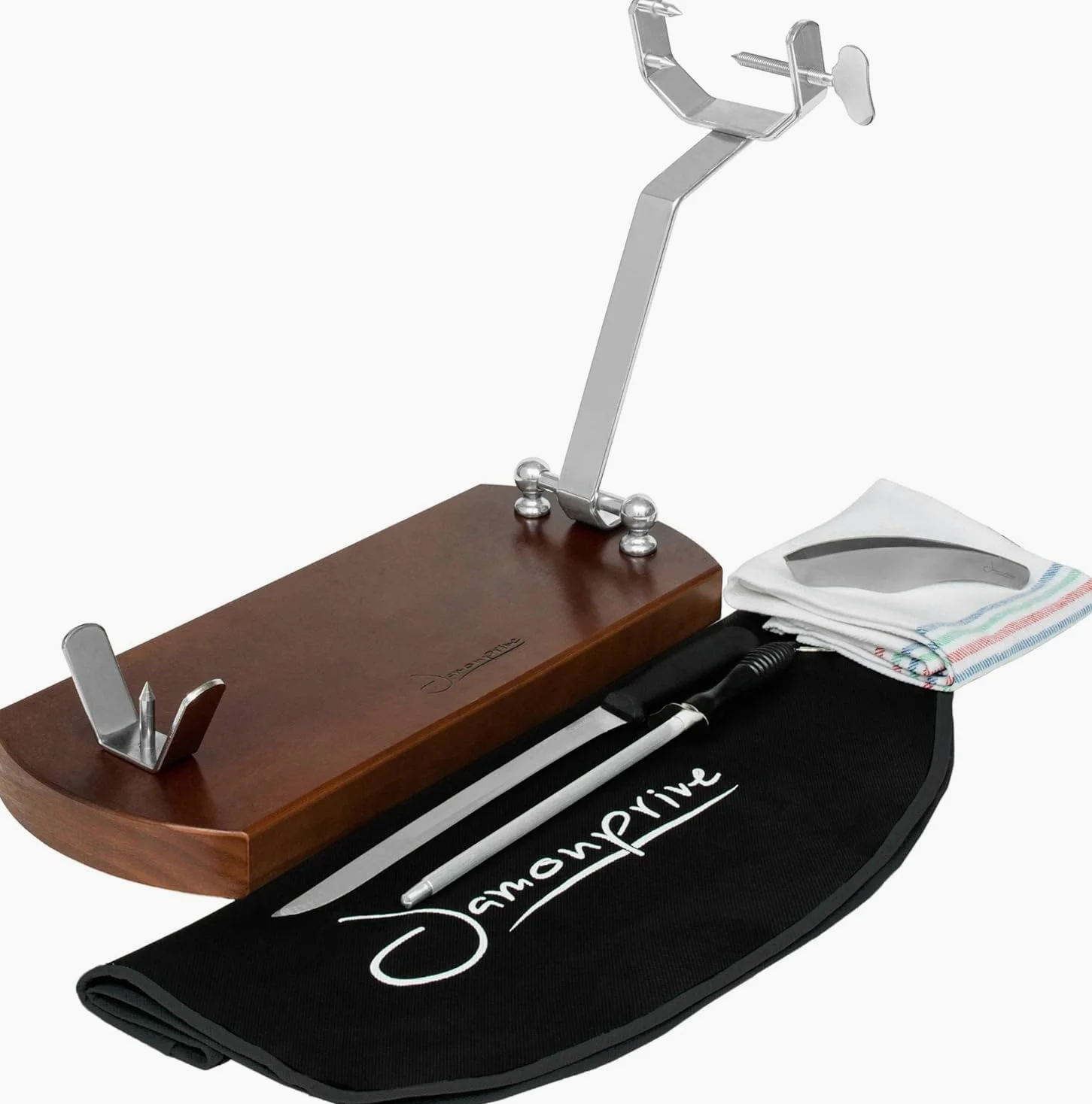 Support à Jambon Pliable avec Base Antidérapante + Couteau + Fusil à Aiguiser + Couvre Jambon + Torchon + Pinces- Kit de Tranchage Professionnel pour Jambon Serrano, Ibérique et Prosciutto