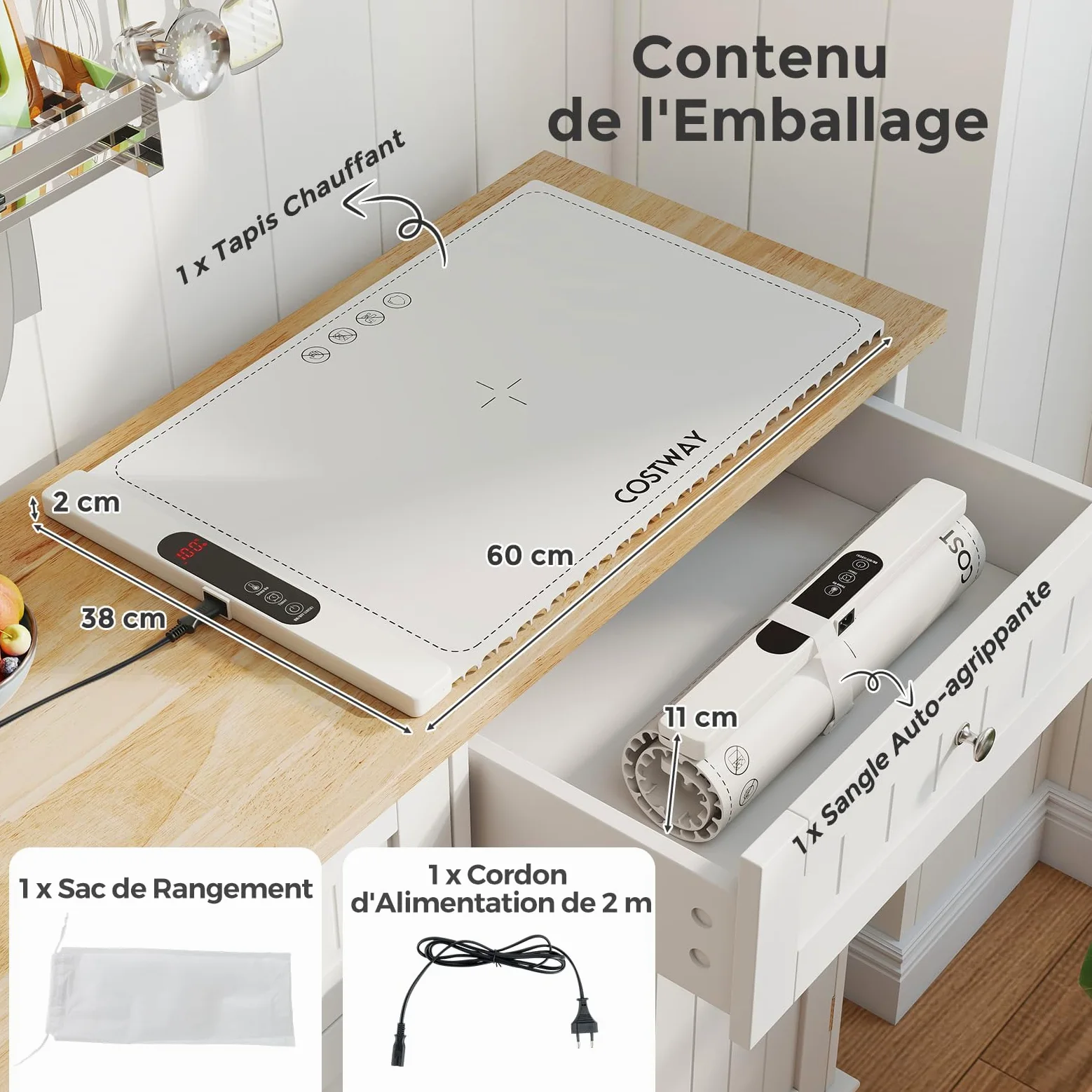 COSTWAY Chauffe Plat Électrique Pliable pour Aliments, Tapis Chauffant avec Température et Minuterie Réglables, Plateau Chauffant en Silicone Enroulable, Contrôle Tactile, pour Fêtes, Buffets (Blanc)