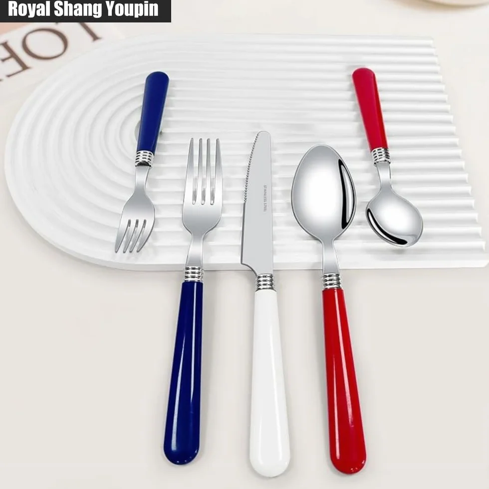 Poignée en Plastique Épaissie Cuisine Acier Inoxydable Argenterie Vaisselle Couverts Ensemble De Couverts Couteau À Steak Fourchette Cuillère Cuillère À Café (Blanc,20 pièces)
