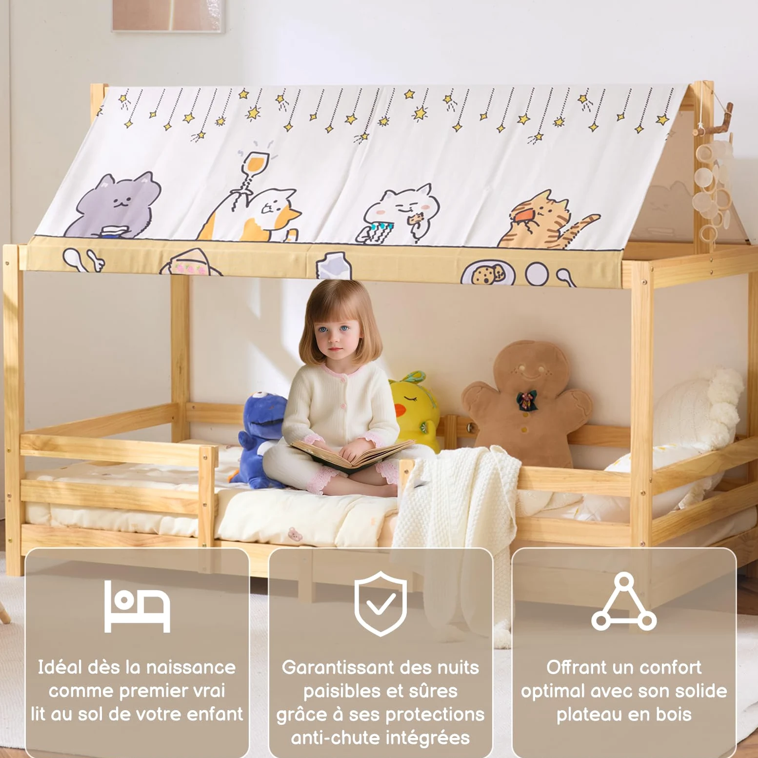 LEADZM Lit cabane Enfant 90x190 cm avec baldaquin en Tissu, sommier à Lattes, barrières de sécurité Enfant Bois en pin Forme de Maison Lit au Sol Montessori (Naturel)