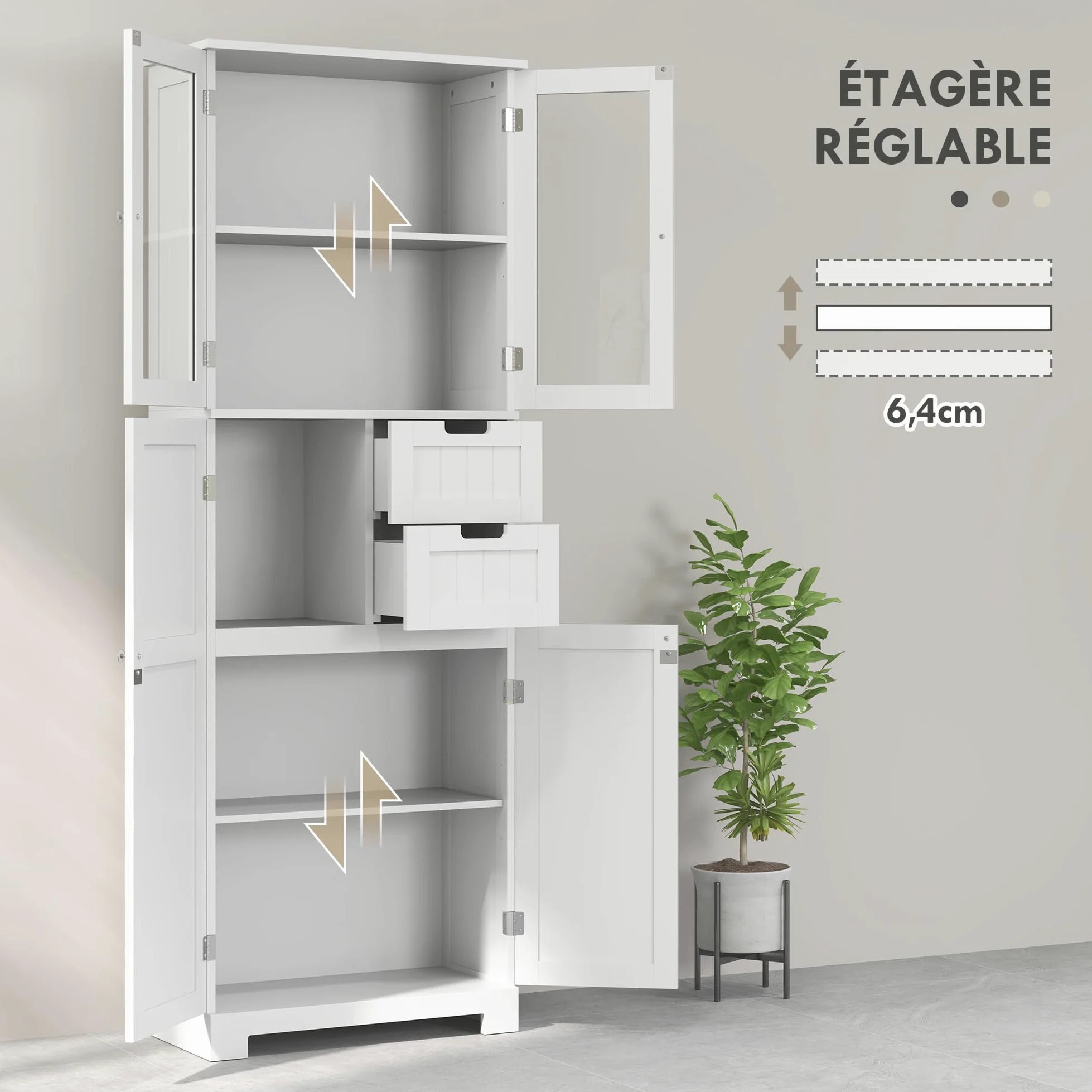 HOMCOM Meuble de Salle de Bain Haut, Meuble de Rangement, Colonne Salle de Bain avec 4 Portes Dont 2 vitrées, 2 tiroirs et étagères réglables, Style Moderne, pour Salon, Chambre, 60x30x170cm, Blanc