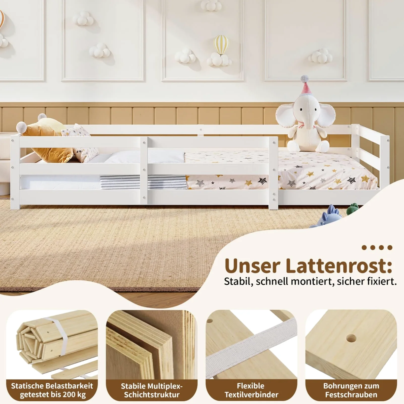 Lit Au Sol Montessori 90x200cm,Cadre de Lit 1 Personne avec Quatre Barrières Latérales,Sommier à Lattes Roustes,pour Garçons Filles(90-Blanc)