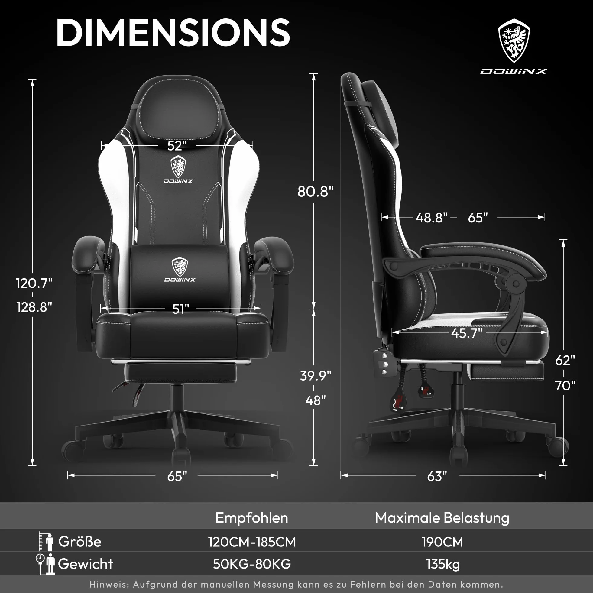 Dowinx Chaise de gamer, ergonomique, avec soutien lombaire, en cuir synthétique et polycarbonate, dossier élargi, charge maximale de 150 kg, blanche