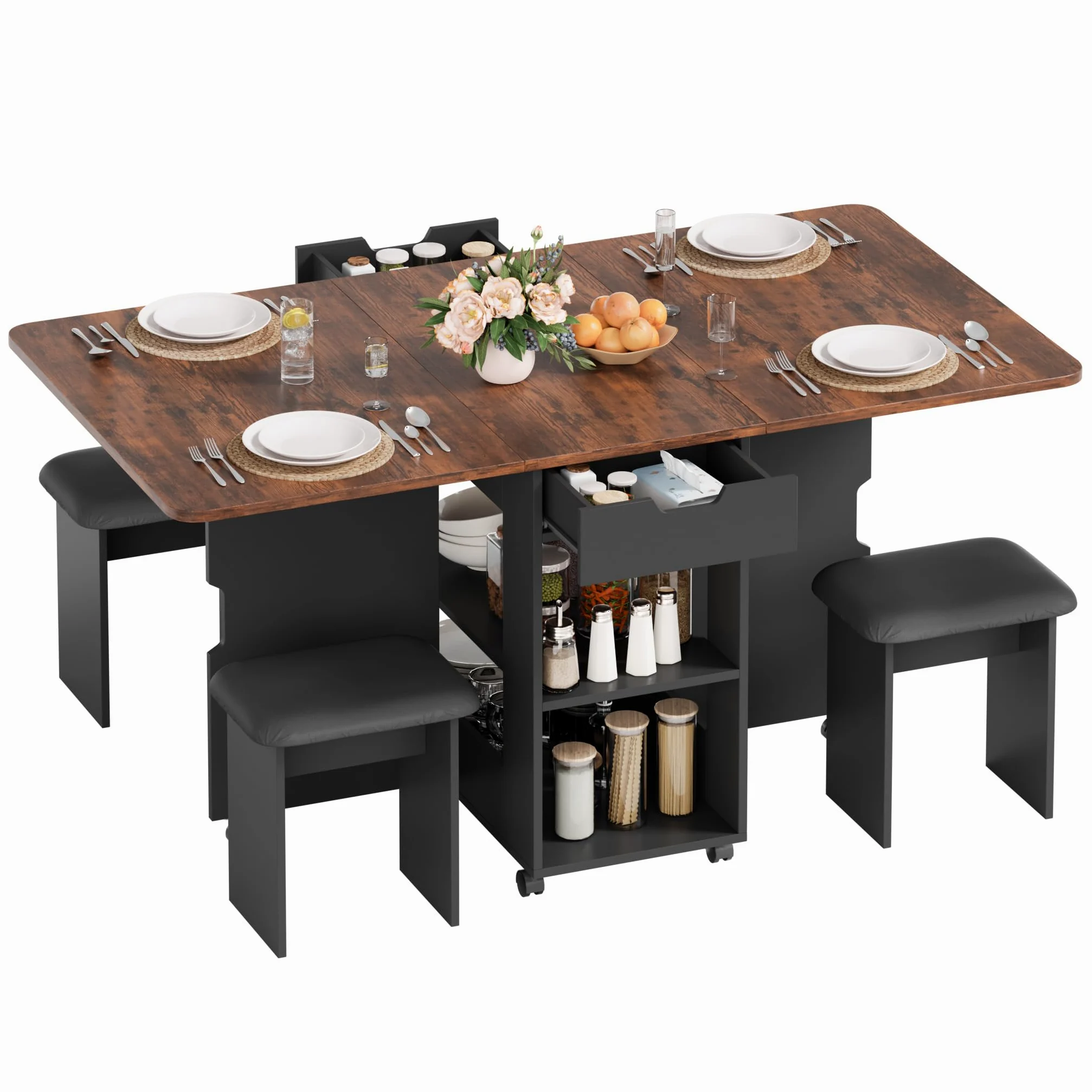 Mondeer Ensemble Table à Manger Pliable 140 cm avec 4 Chaises Rembourrés, Ensemble Table avec 2 Tiroirs et 2 Etagères de Rangement, pour Petits Espaces Cuisine Salle à Manger (Marron et Noir)