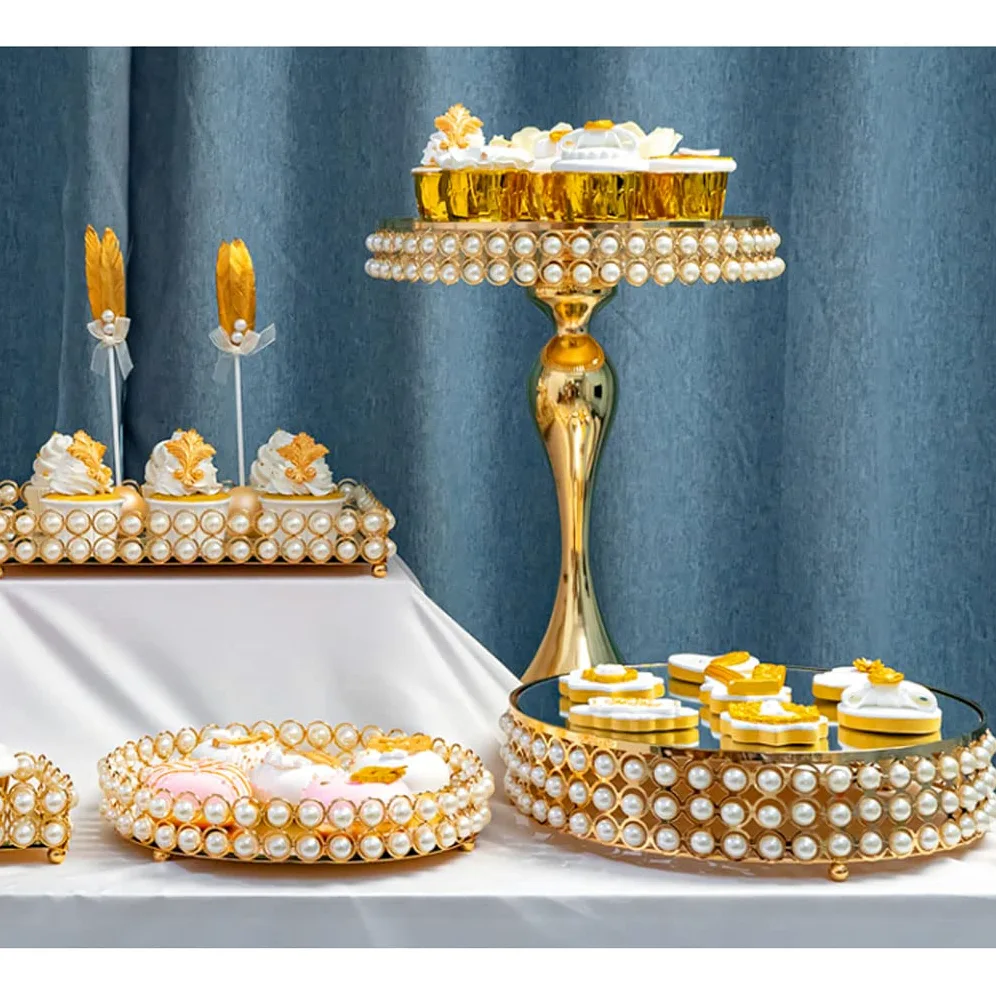 Desserts Support à gâteau Romain Support à gâteau décoratif en métal avec Dessus en Verre perlé Rond Biscuits dorés Cupcake Dessert Support pour Affichage de collation de Fruits Fruits
