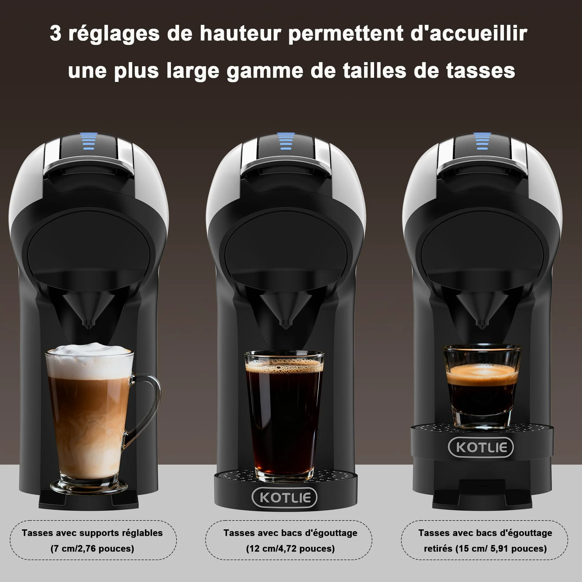 KOTLIE EM-308B Machine à café à capsules NES/DG/MIO/ESE et café moulu, réservoir d'eau de 1 litre, 3 températures d'infusion, idéale pour la cuisine, l'appartement et le bureau