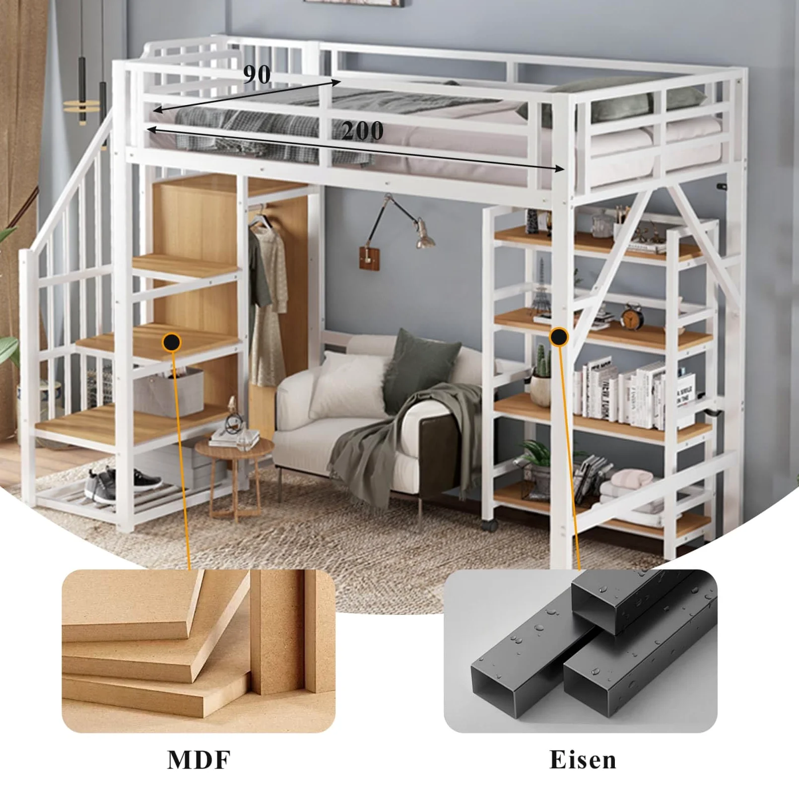 Lit Mezzanine Enfant 90x200 Métal,Lit Mezzanine 1 Place avec étagère à 4 Niveaux sur roulettes,Escalier de Rangement,Tringle à Vêtements,Haute Barrière,pour Enfants Ados