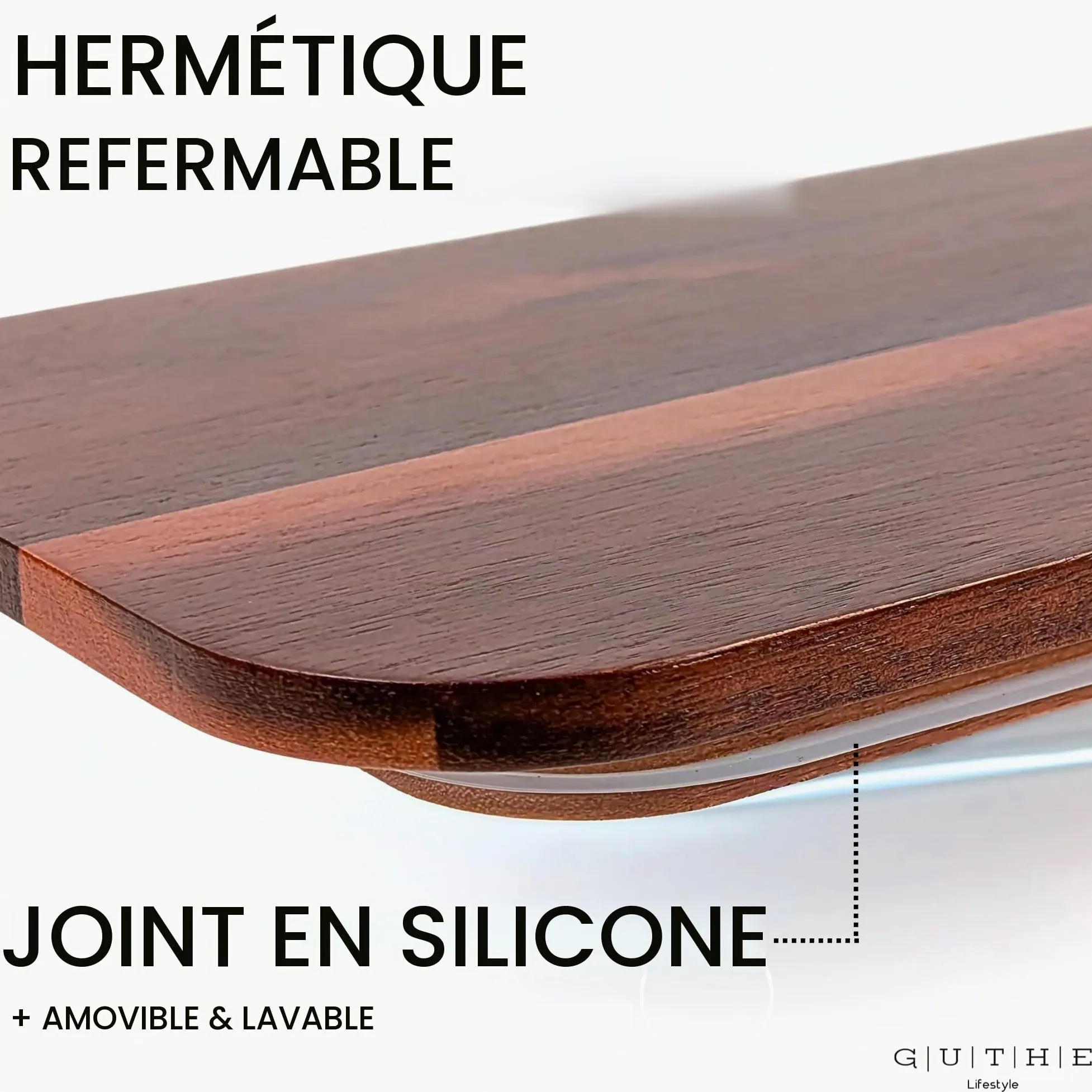 GUTHE Lifestyle Lot de 3 boîtes à charcuterie en verre pour réfrigérateur, empilables, avec couvercle en acacia, plat à gratin et rangement de saucisses et fromage