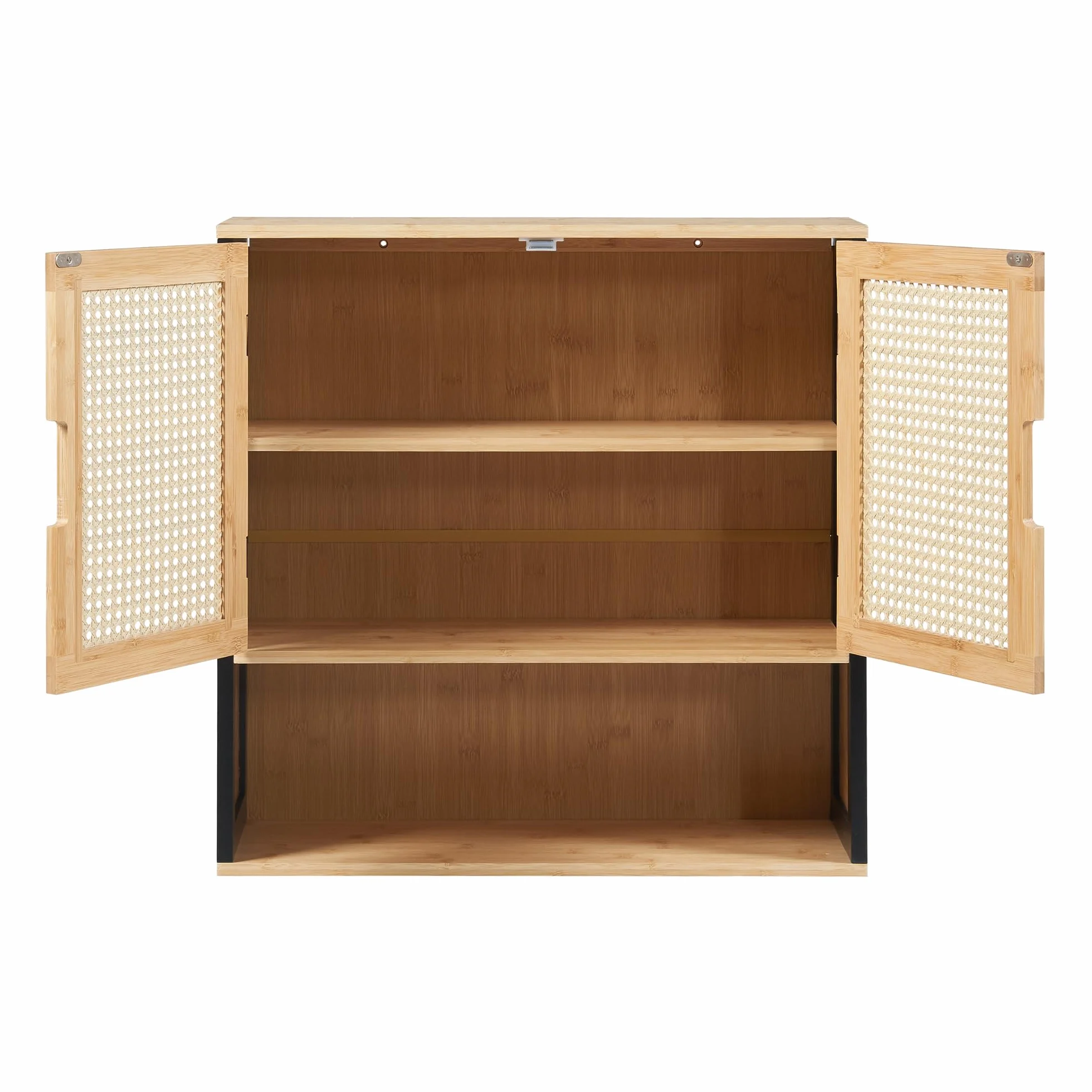 [en.casa] Armoire Murale de Salle de Bain Placard Suspendu avec 2 Portes et 2 Étagères Meuble de Rangement Flottant MDF Bambou 60 x 60 x 20 cm Noir Naturel Effet Rotin