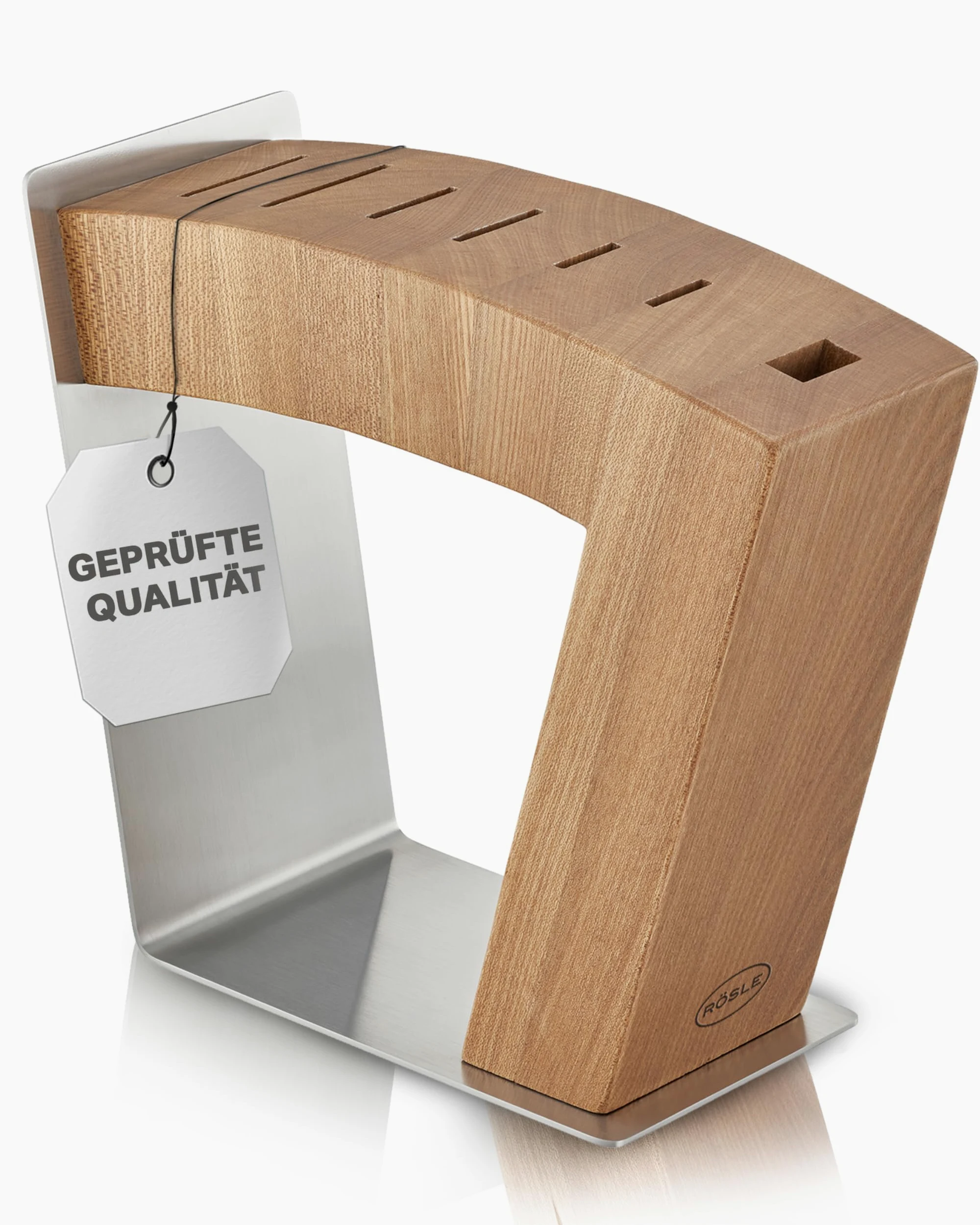 RÖSLE Movex Bloc à Couteaux, Bloc à Couteaux design Haut de Gamme en Acier Inoxydable et Bois d'Orme, Lames Visibles, 2 Positions debout, Stable, Couteaux Non Fournis