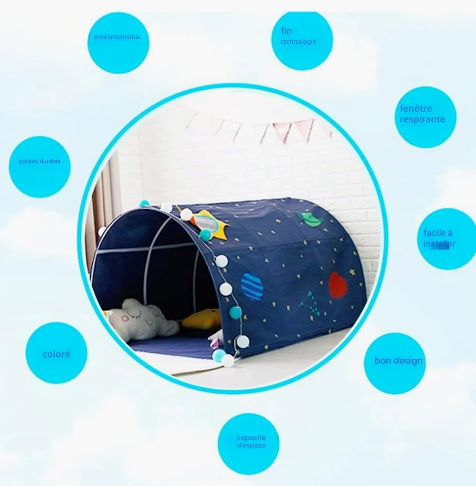 Tente tunnel pour enfant de 90 à 100 cm de largeur, lit mezzanine, tente superposée, tissu, bleu, simple