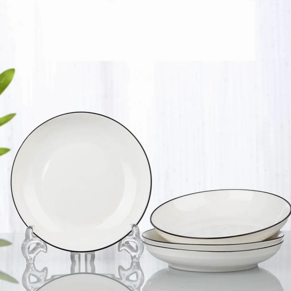 Ensemble de vaisselle profonde de style japonais – 6 assiettes, vaisselle nordique en céramique, petits plats frais de 10,2 à 20,3 cm avec ligne noire, idéal pour les repas et le service.
