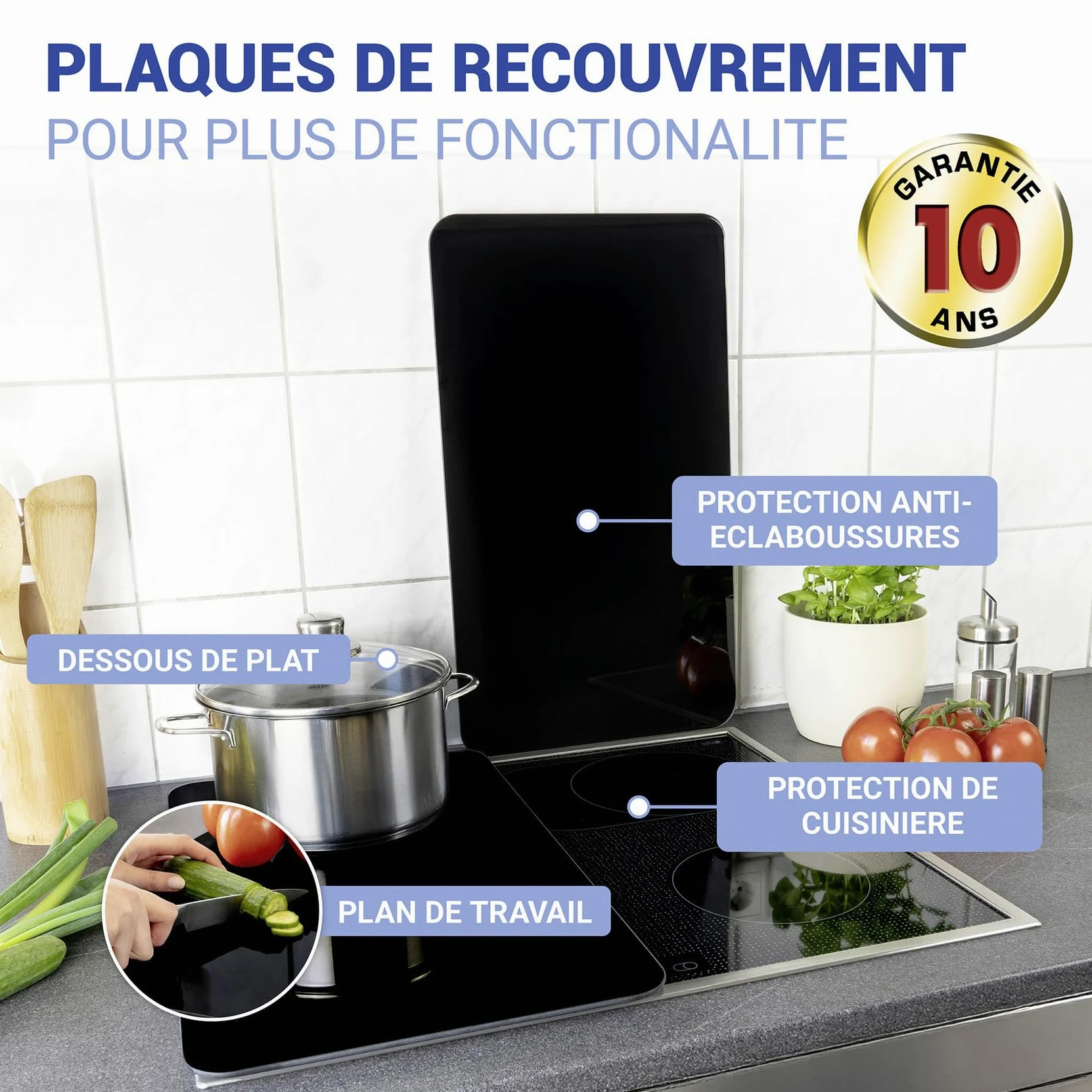 WENKO Plaque de Recouvrement Universelle Mod. Noir, réglable en Hauteur pour Tout Type de cuisinière, Planche à découper et Protection Anti-éclaboussures, Verre, 30 x 52 cm, 2 pièces
