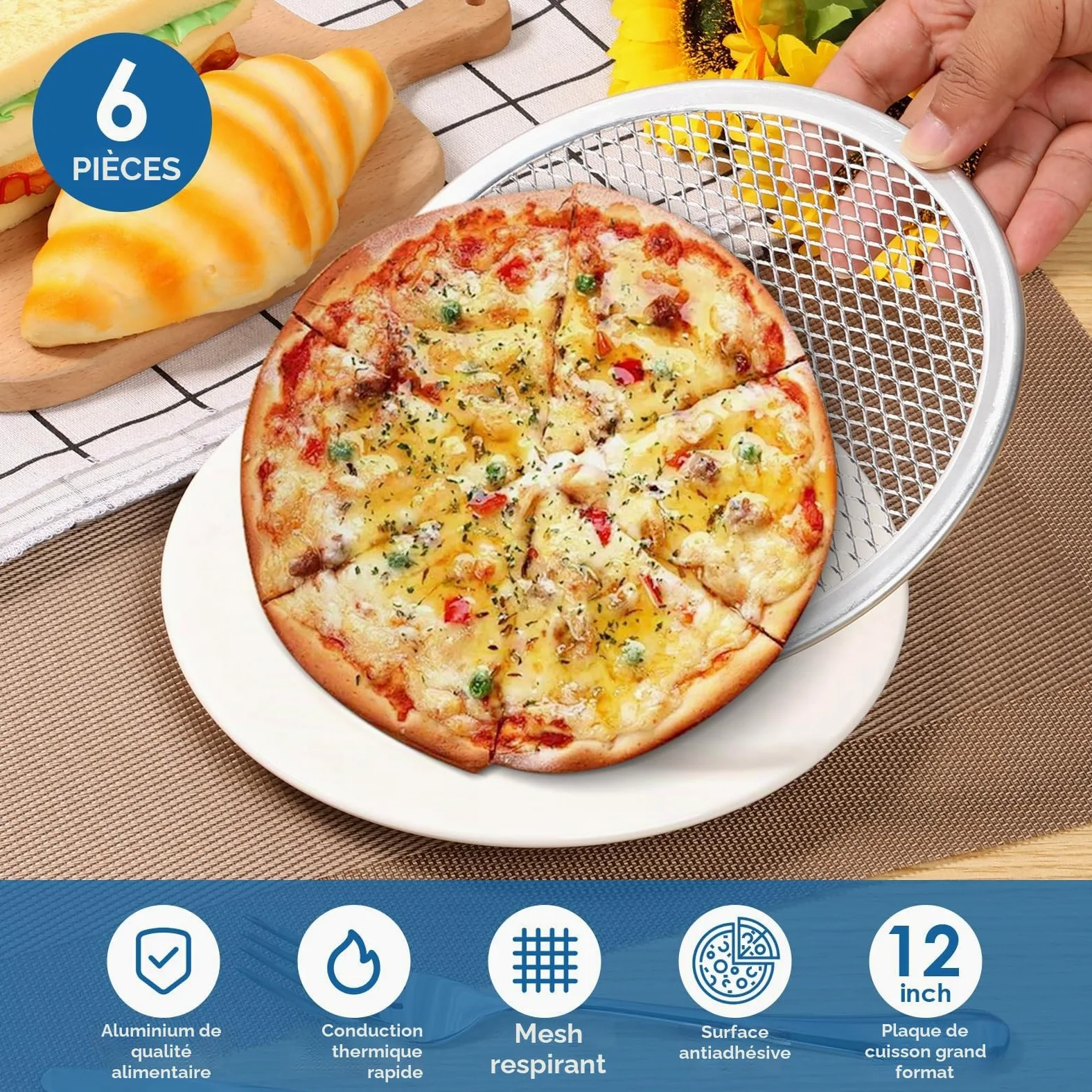 Lot de 6 grilles à pizza perforées antiadhésives de 30,5 cm - Rondes avec revêtement antiadhésif - Résistantes à la température - Réutilisables