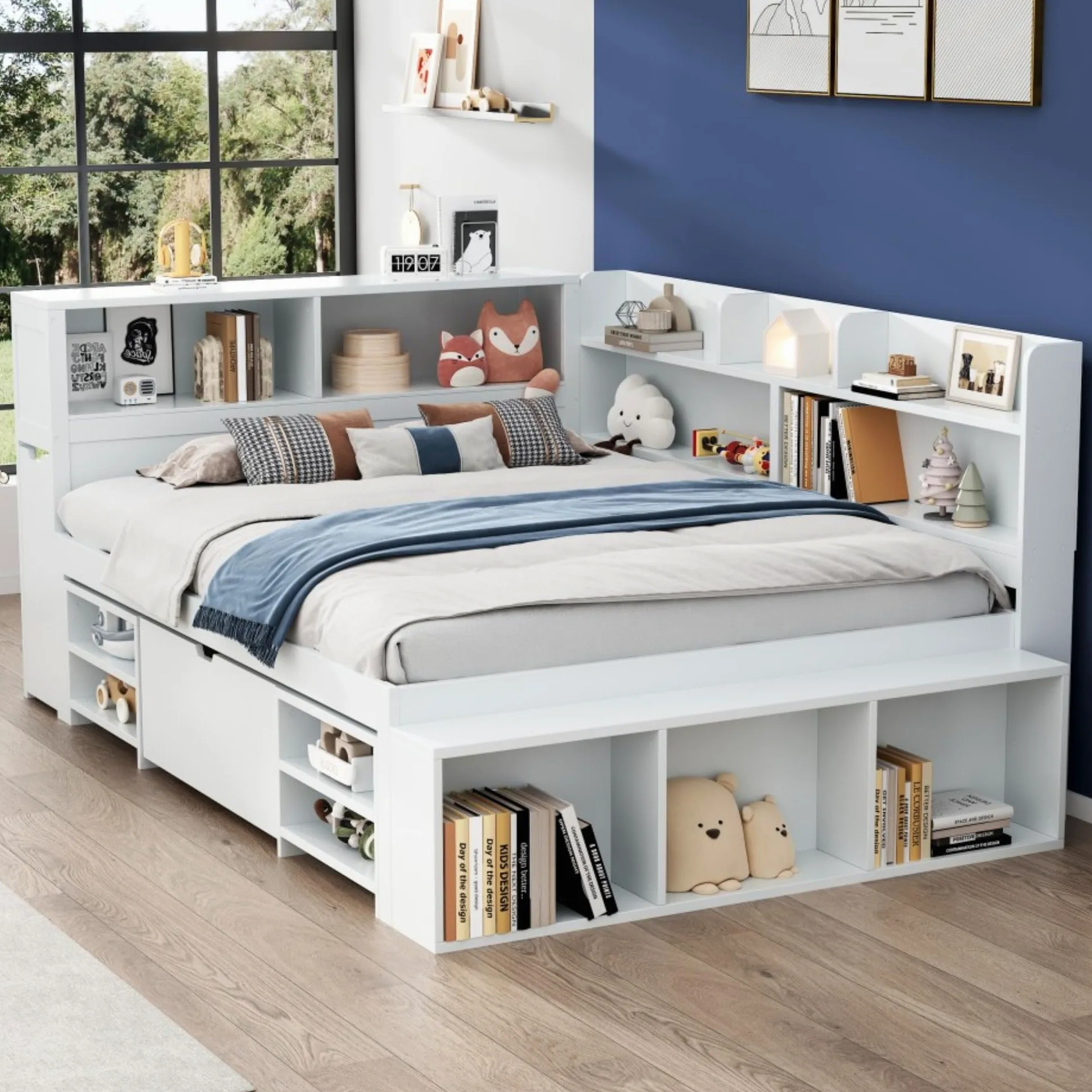 Lit Enfant 140x200 cm avec Rangement, Cadre de Lit Enfant Multifonctionnel avec Tiroirs, Bibliothèque Intégrée et Casier de Rangement, Structure en Métal avec Sommier à Lattes, Blanc