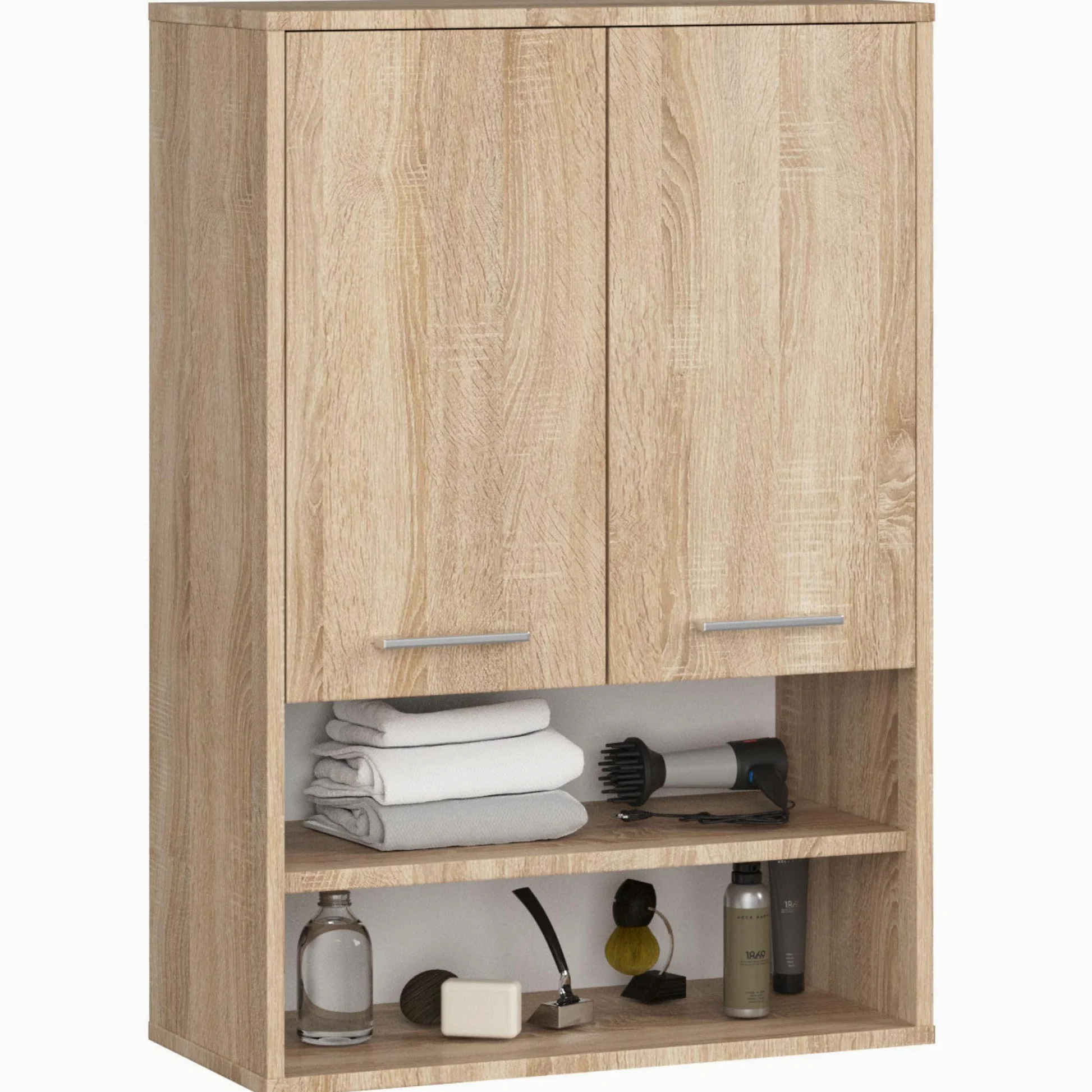 AKORD Meuble Salle de Bain Suspendu Fin 64 cm - 2 Portes, 2 Étagères 2 Compartiments Ouverts - Meuble Haut WC Meubles Suspendus - Armoire Murale Moderne 64x94x30 cm - Chêne de Sonoma