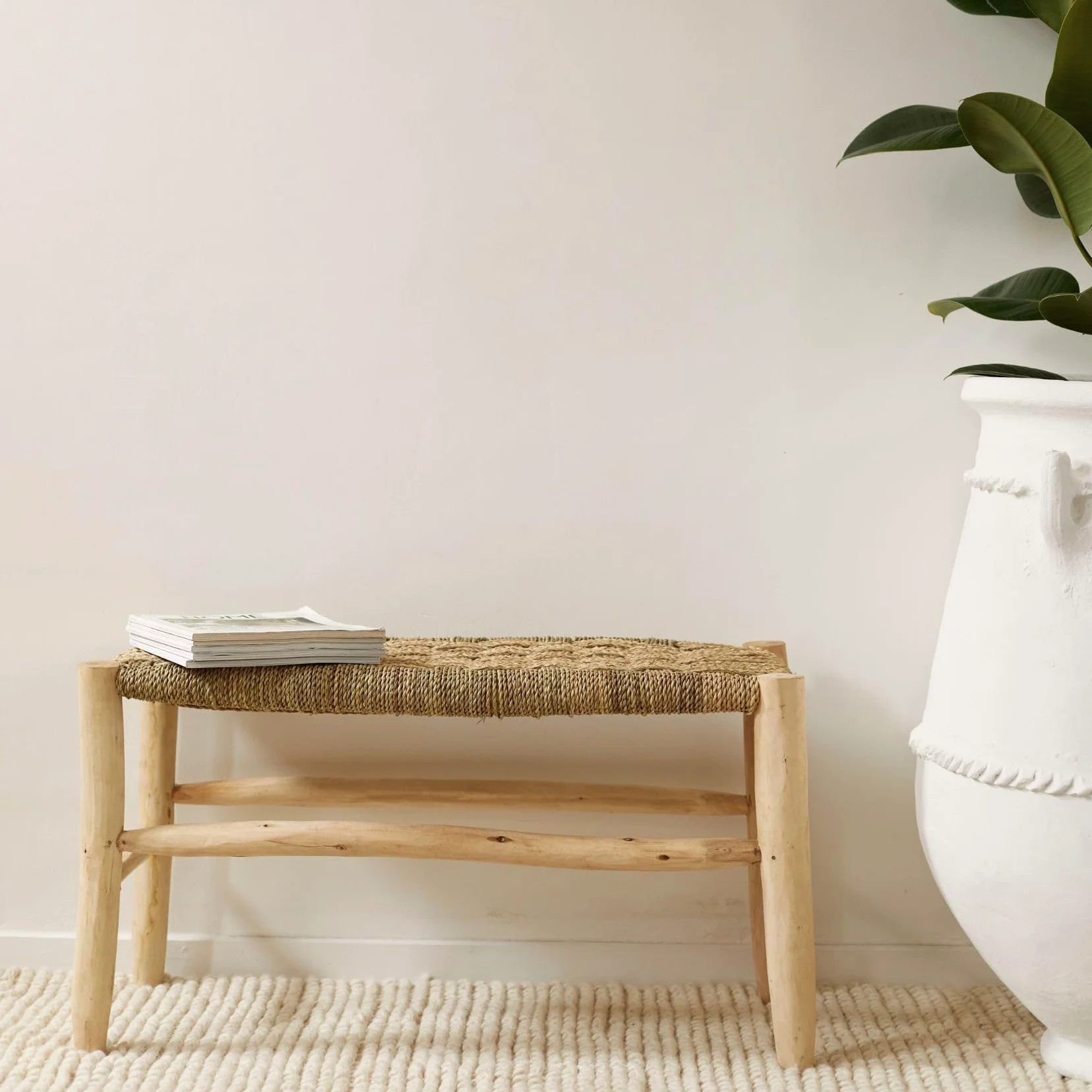 Home Maison - Banc marocain doum tressage Central Bois Naturel 80 x 35 x 35 cm