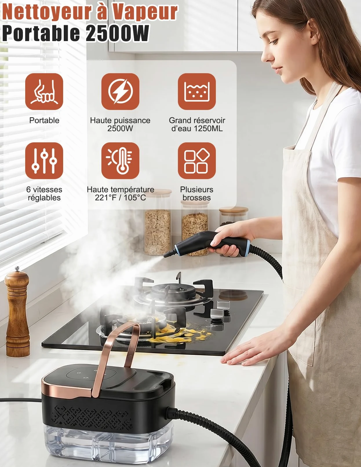 Nettoyeur à Vapeur, 2500W Nettoyeur à Vapeur Manuel Polyvalent avec 6 Vitesses Réglables et 8 Types de Buses, 1250ML Portable Haute Pression pour Maison et Voiture