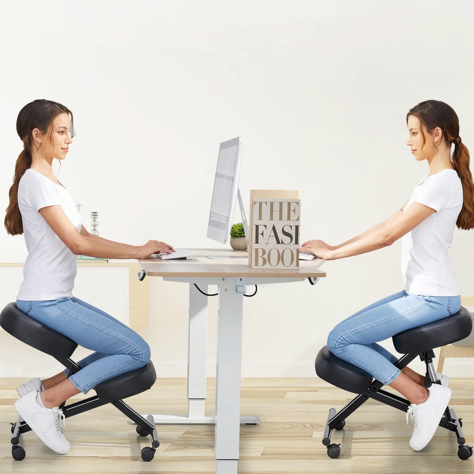 COOCHEER Chaise à Genoux de Bureau Ergonomique, Tabouret Genoux pour la Maison et Le Bureau, Chaise pour Ordinateur avec roulettes, Réglable Hauteur, Structure de Métal, Faux Cuir, Rembourrée