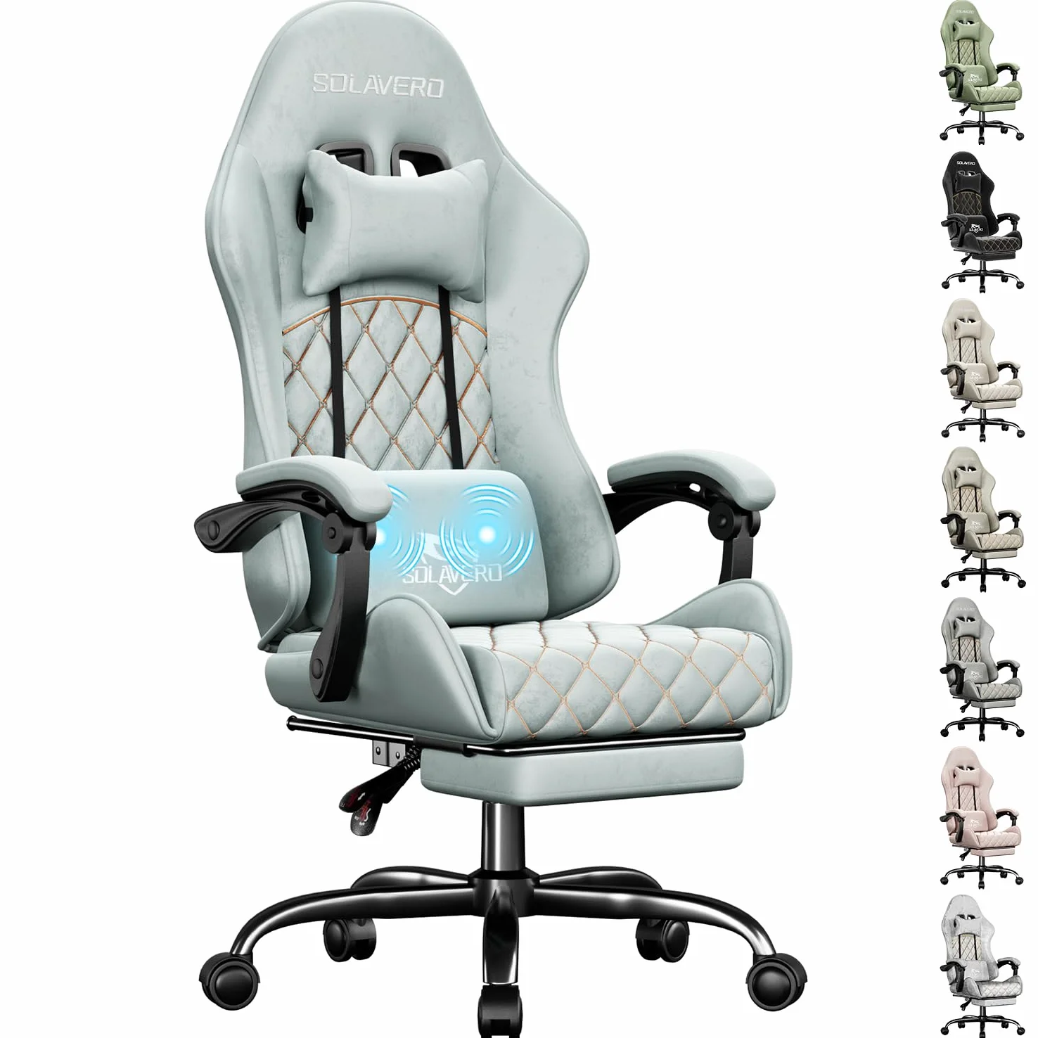 SOLAVERO Chaise Gaming en Tissu Suédine, Fauteuil Gamer Ergonomique avec Support Lombaire Massante, Siège de Bureau avec Repose-Pieds Télescopique, Charge 150kg, Bleu Clair