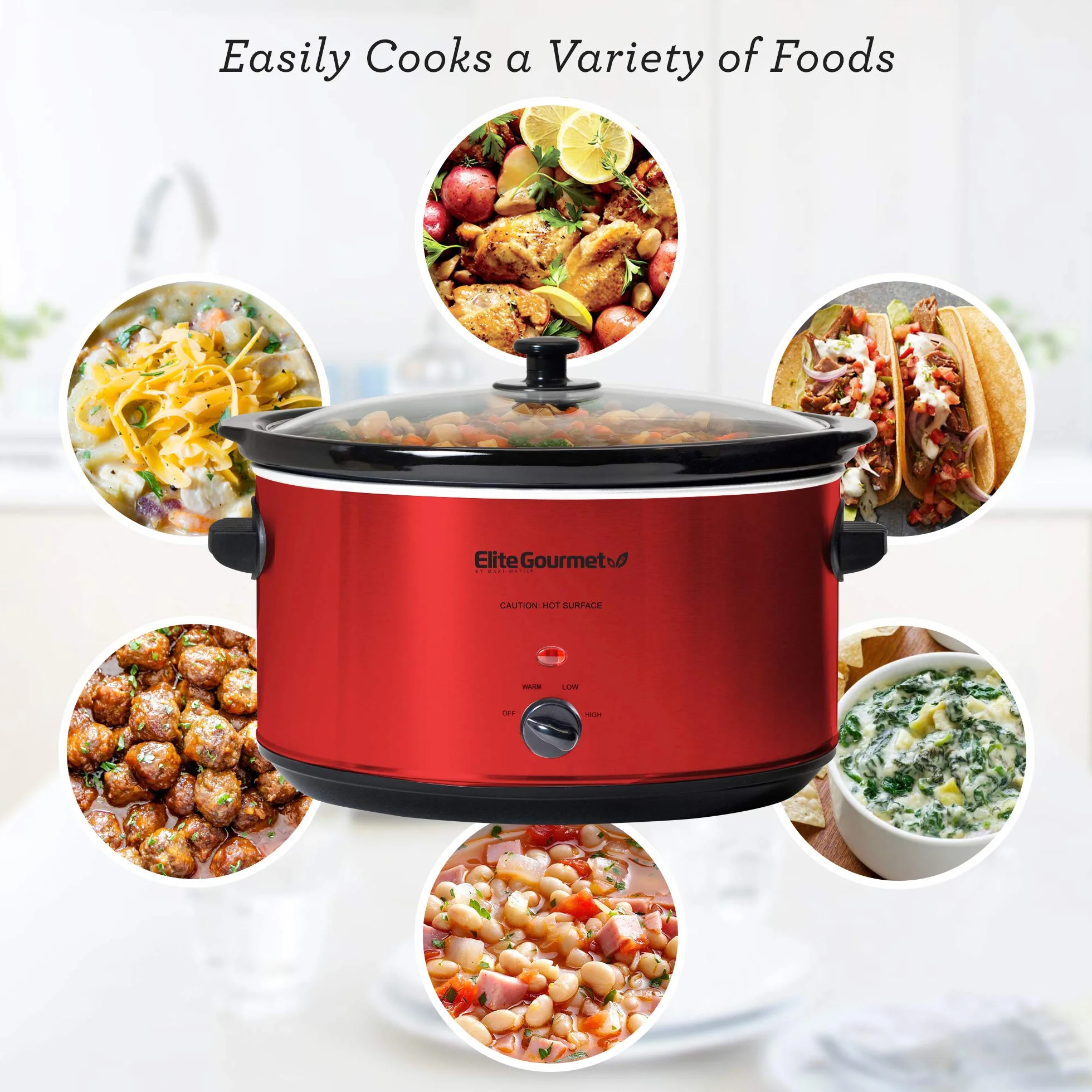 Elite Gourmet MST-900RXT Mijoteuse électrique en céramique format XL, température réglable, pour sauces et plats mijotés, couvercle en verre et cuve lavables au lave-vaisselle, 8 L, rouge métallisé