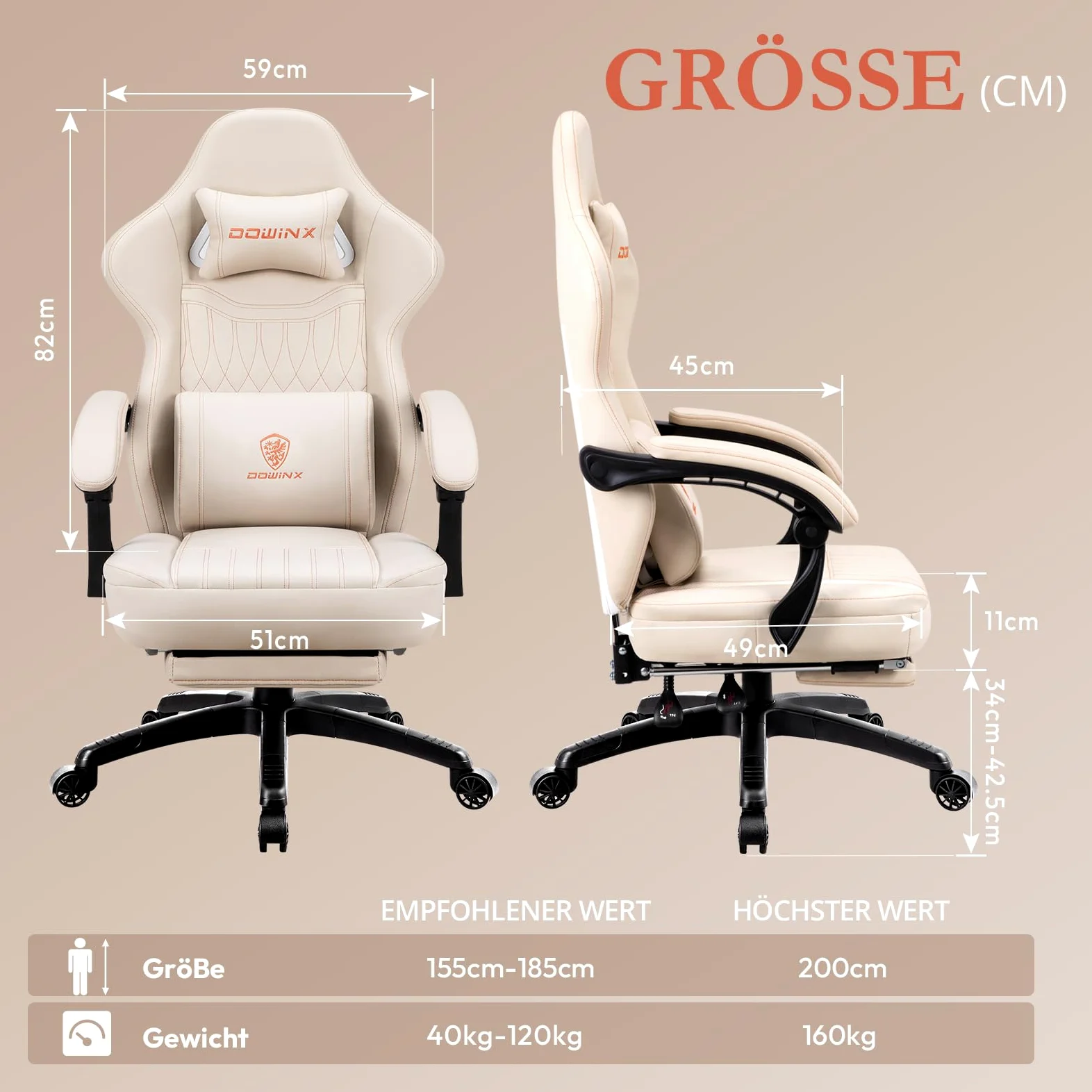 Dowinx Chaise de Jeu Ergonomique avec Coussin de Printemps et Support Lombaire de Massage, Fauteuil de Bureau en Cuir synthétique Blanc