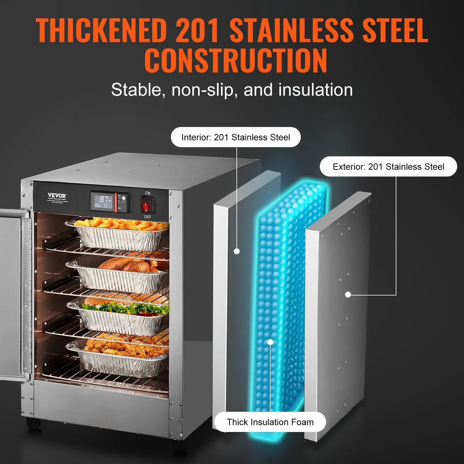 VEVOR Armoire Chauffante à 4 Niveaux, Étuve Traiteur avec Bac à Eau, Chauffe Assiettes Porte Simple et Étagères Réglables, en Acier Inoxydable, pour Pizza Poulet, Restaurant Cantine École, Argenté
