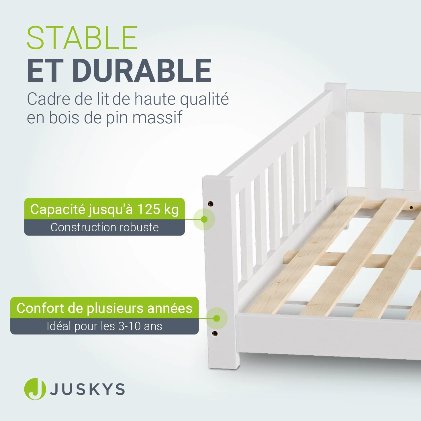 Juskys Lit au Sol Enfant Naya 120x200 cm avec Barrière de Sécurité et Sommier à Lattes, Lit à barreaux Montessori en Bois Massif Pin pour Enfants et Adolescent, Blanc