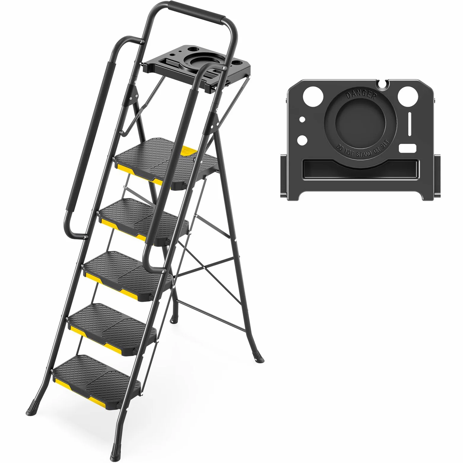 KINGRACK Escabeau 5 Marches avec Plateau à Outils et Large Pédale Antidérapante, Marche Pied Pliable avec Mains Courantes, Échelle Domestique pour Maison Cuisine Garde-Manger Placards et Bureau, Noir
