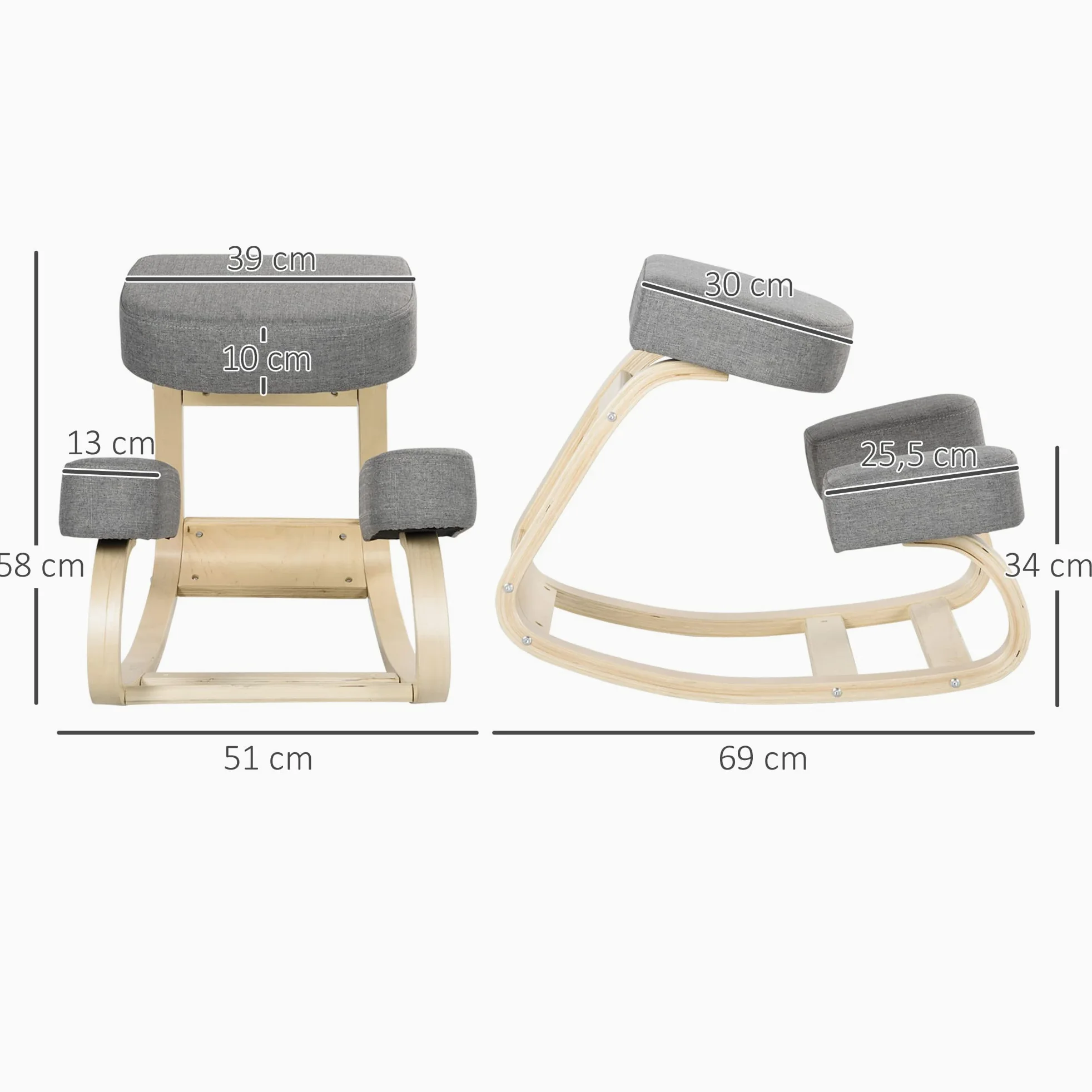 Vinsetto Siège Assis-Genoux Ergonomique Chaise à Genoux Coussin Confortable à Bascule en Tissu et Bois Gris