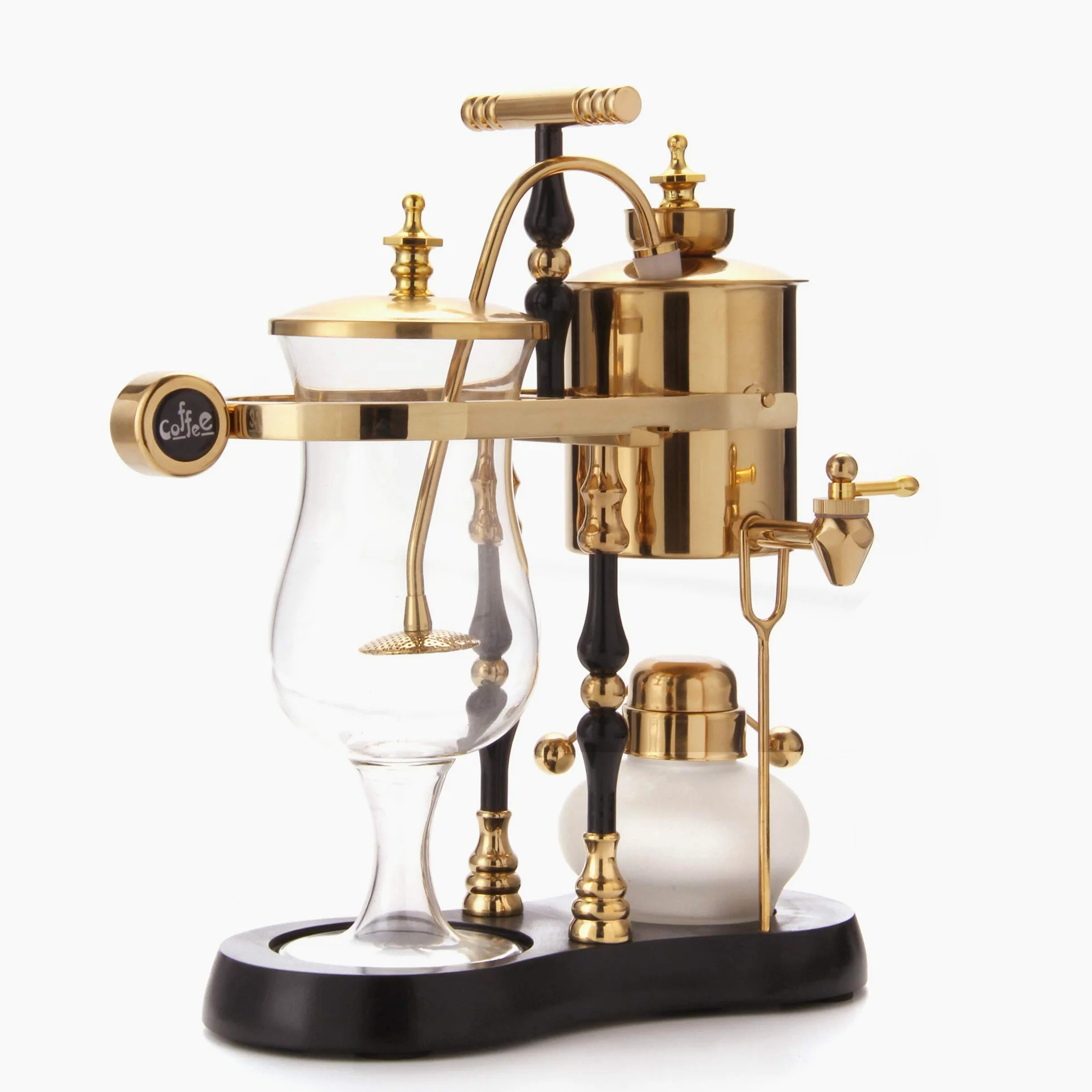 Diguo Machine à café de luxe à siphon d’équilibrage Famille royale belge Fulcrum élégant à double cannelure avec poignée en T (noir égyptien et doré).