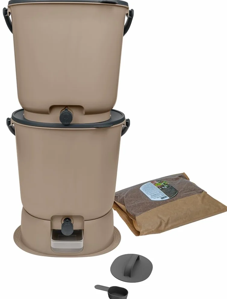 Lot de 2 composteurs Bokashi Essential 15,3L+1kg de Brain+1 Base-Capuccino