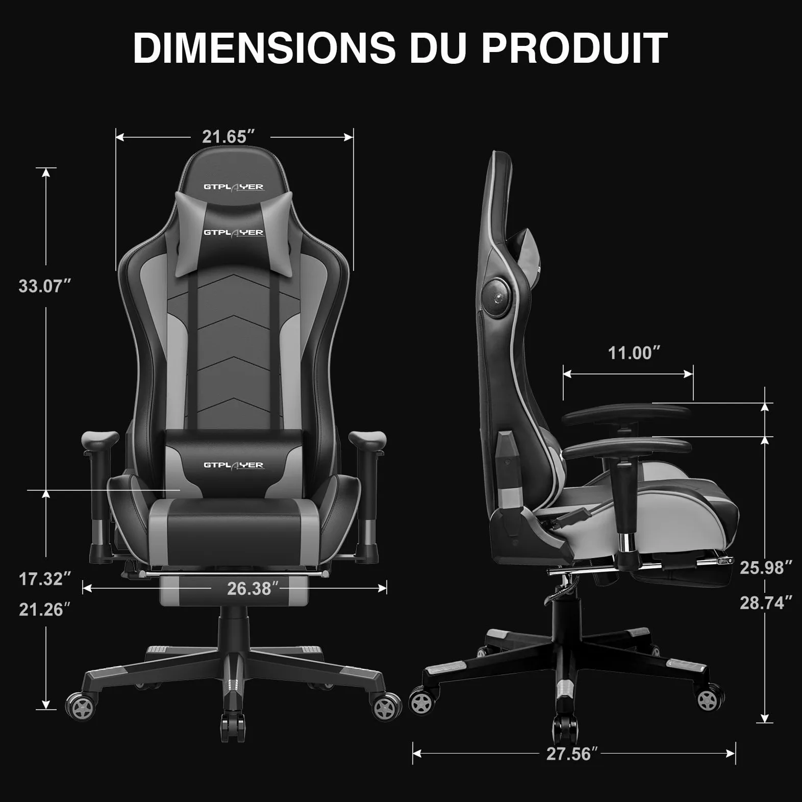 GTPLAYER Chaise Gaming Repose-Pieds Haut-Parleur Bluetooth Fauteuil Gamer Gris Siège Ergonomique (Gris)