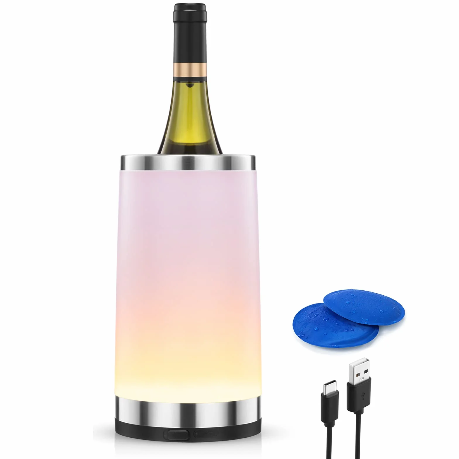 Refroidisseur de Vin avec Lampe Tactile RGB Ambiante Rechargeable| Rafraîchisseur de Bouteille avec 2 Ice Pack pour 750ml de Champagne| Accessoires de Vin pour la Fête/Dîner