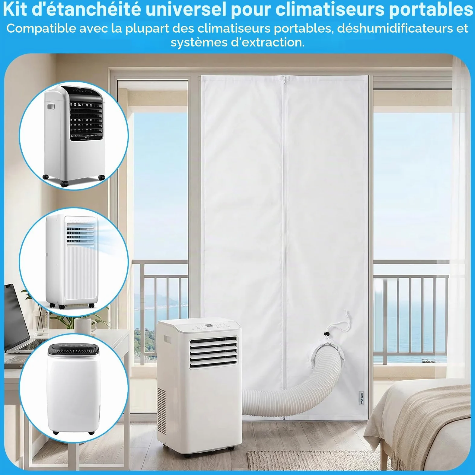Kit d'Étanchéité Porte et Fenêtre pour Climatiseur Mobile Qoosea - 90x210cm avec Passage à Cordon et 7m de Bandes Adhésives pour Portes Coulissantes et Fenêtres
