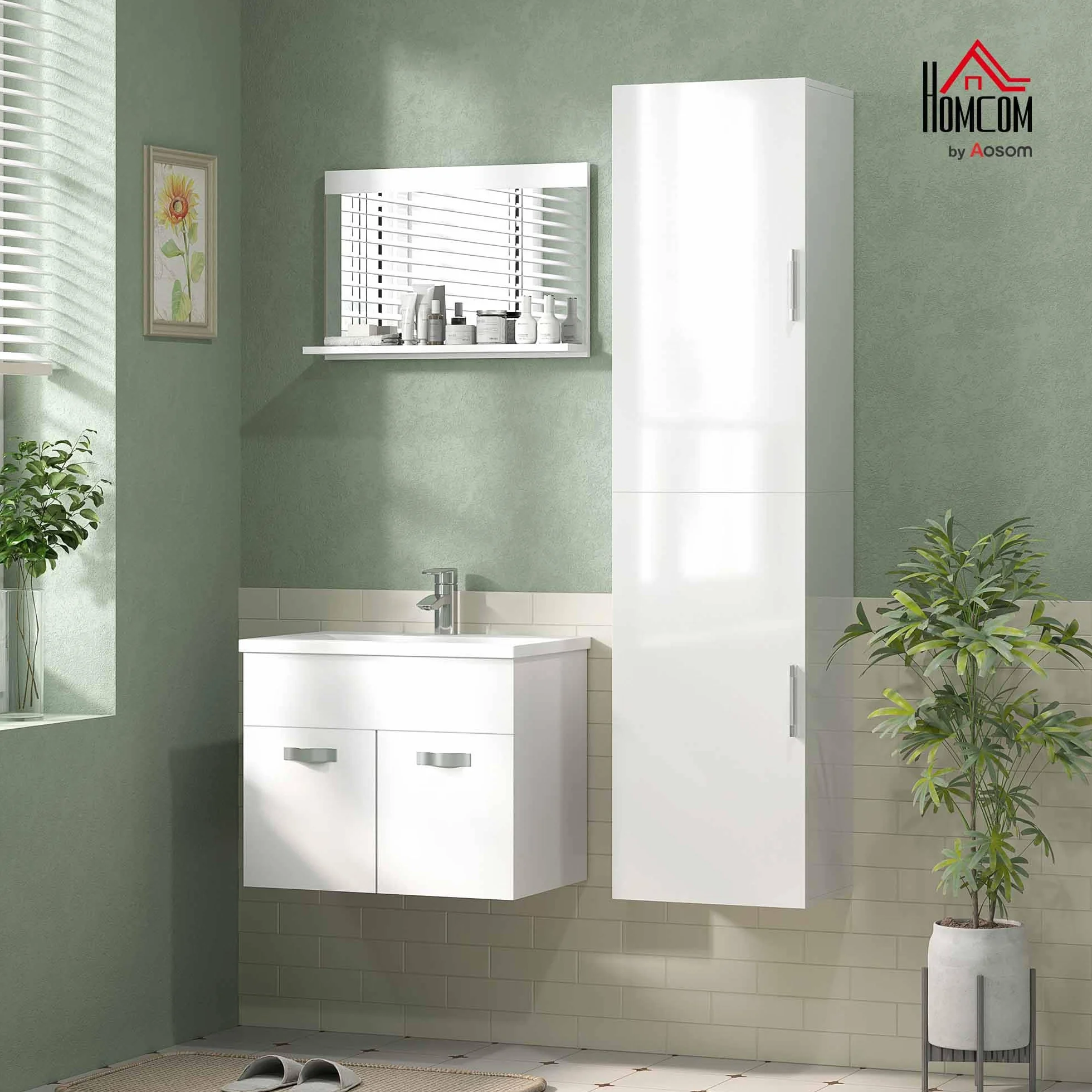 HOMCOM Armoire murale pour salle de bain avec étagères réglables et 2 portes - Meuble de salle de bain moderne pour les petits espaces - 40 x 30 x 160 cm - Blanc brillant
